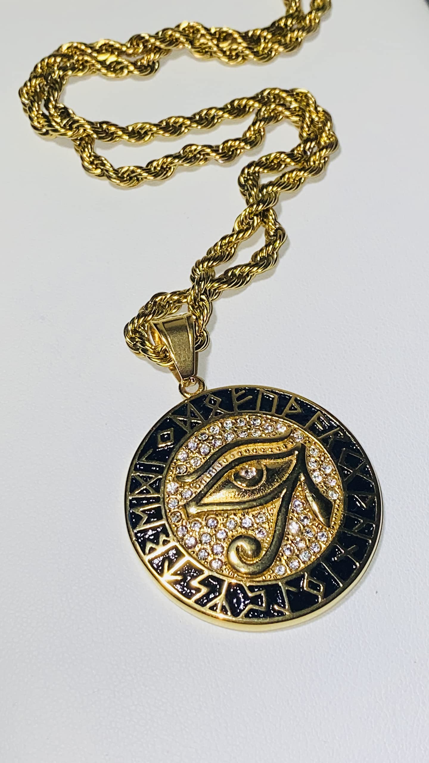 Egyptian Eye of Horus Evil Eye Protection Necklace - 14K Gold Finish Stainless Steel Pendant with 3mm Rope Chain for Men & Women | Spiritual Jewelry, Gift for Protection, Meditation & Fashion Accessory