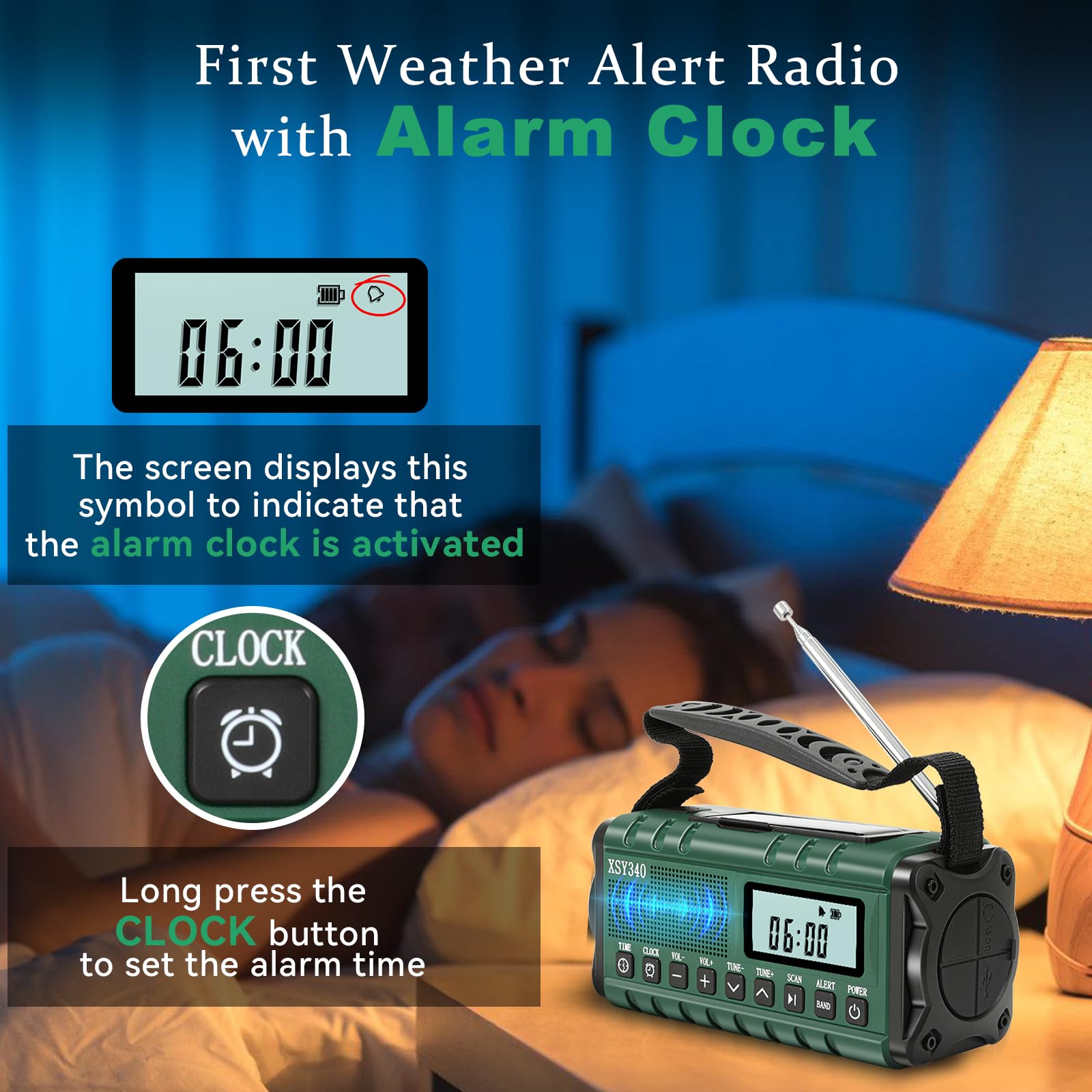 Emergency Weather Alert Radio - AM/FM/NOAA Portable Radio with Hand Crank, Solar & USB-C Charging, 10000mAh Power Bank, Battery Backup, Phone Charger, LCD Display with Clock & Alarm, 3W Flashlight & Reading Lamp, SOS Survival Kit for Camping, Hiking & Emergency Preparedness