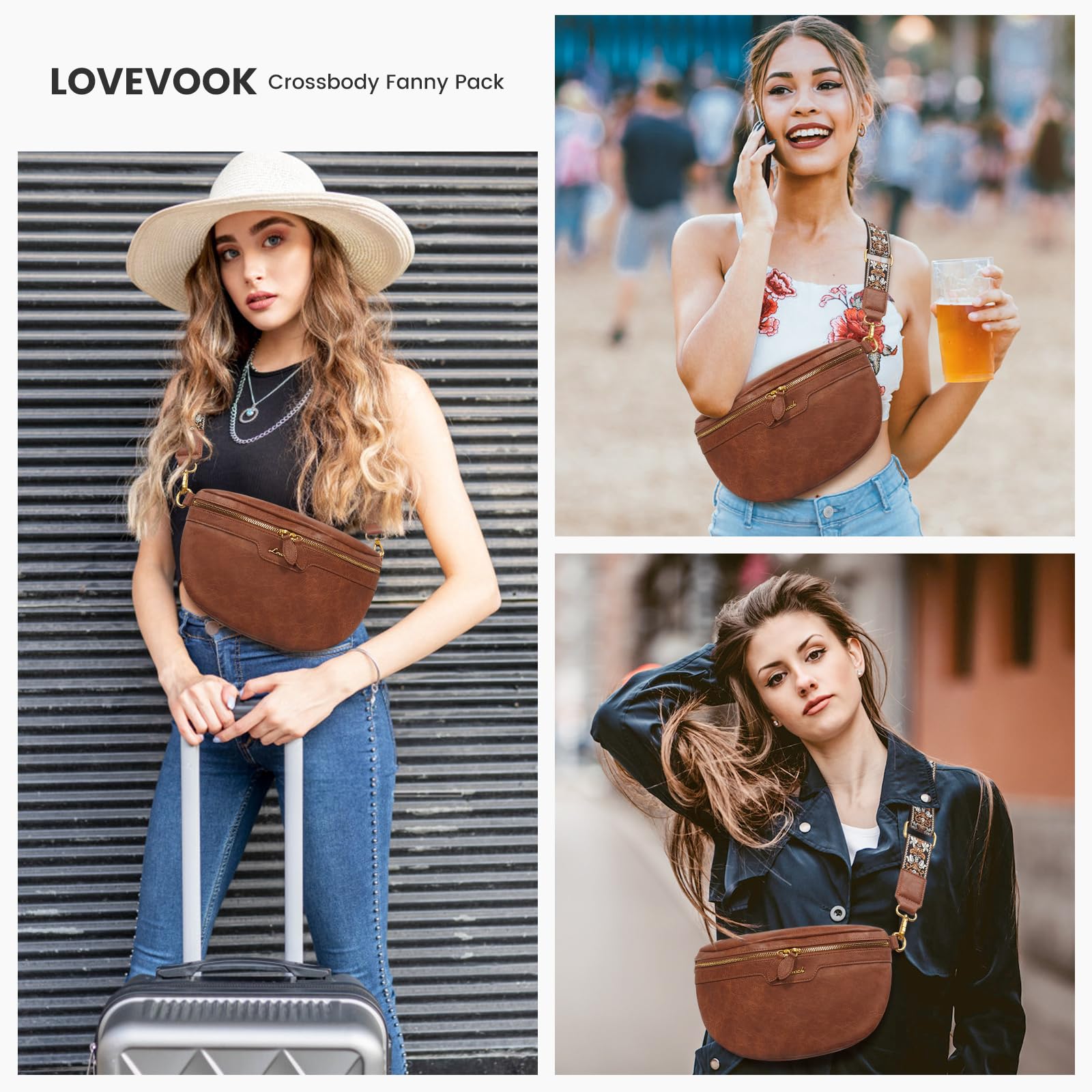 LOVEVOOK Vegan Leather Fanny Pack for Women - Waterproof Crossbody Sling Bag with Adjustable Boho Strap | Perfect for Travel, Hiking, Concerts & Everyday Use
