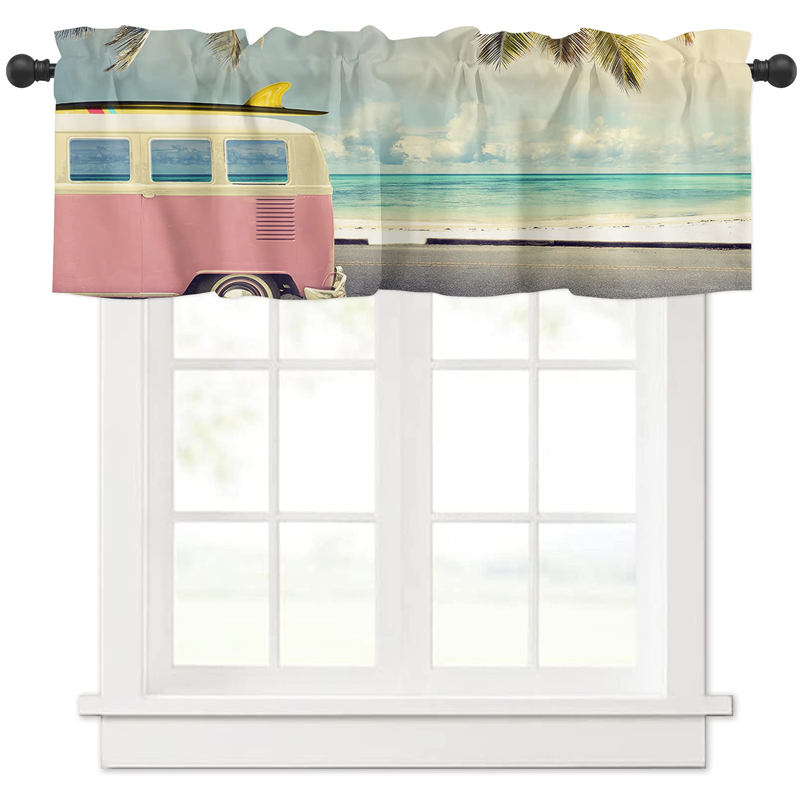 Beach Pink Mini Bus Coconut Tree Summer Sea Scenery 1 Panel Curtain Valance - 54