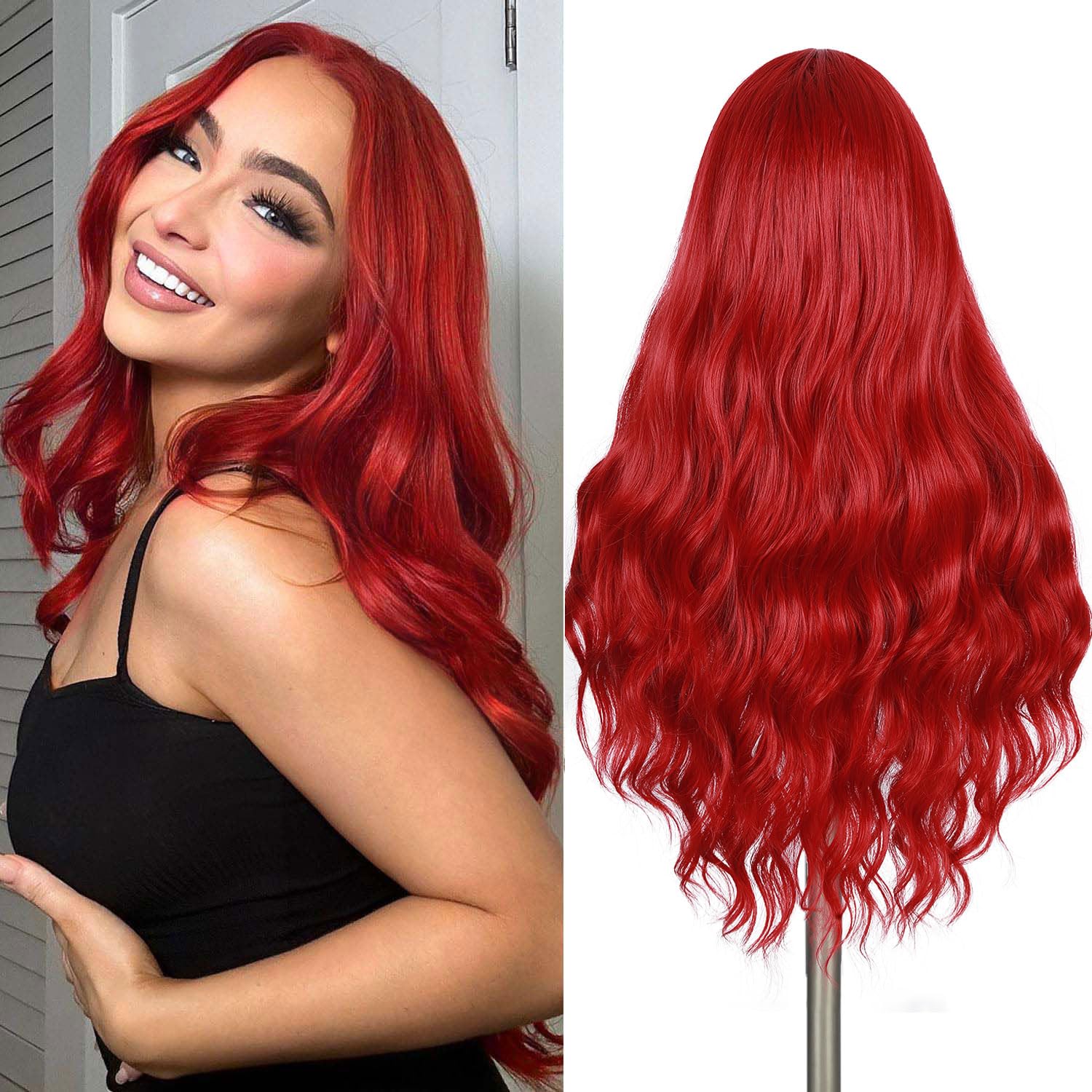 Natural Looking Long Red Wavy Wigs for Women - Heat Resistant Synthetic Curly Hair with Middle Part | Perfect for Daily Wear, Cosplay & Party (Bright Red)