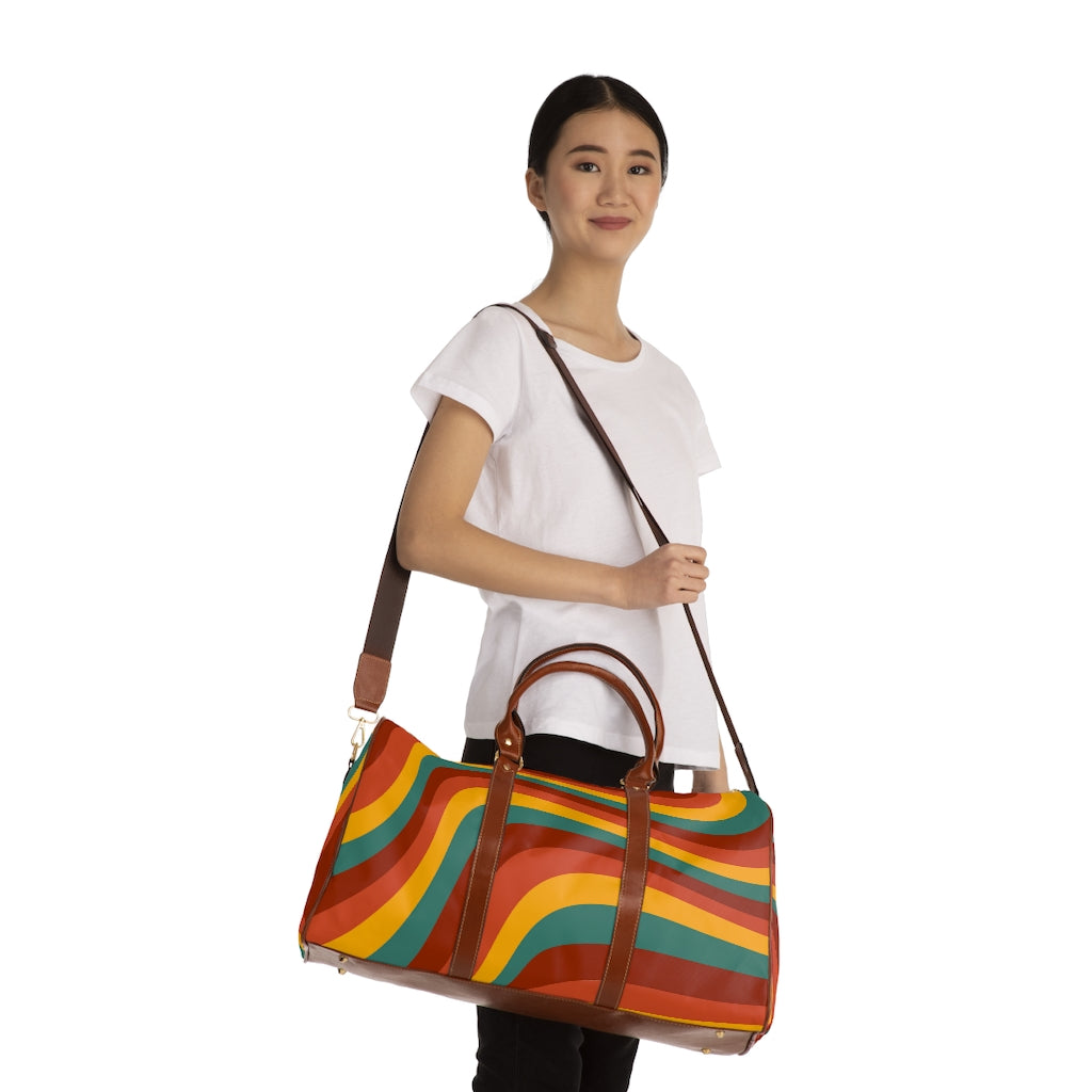 Vintage Rainbow Wave Overnight Bag - Waterproof Travel Duffel Bag for Women & Men, Faux Leather Weekender with Adjustable Strap - Perfect for Gym, Beach Trips & Weekend Getaways