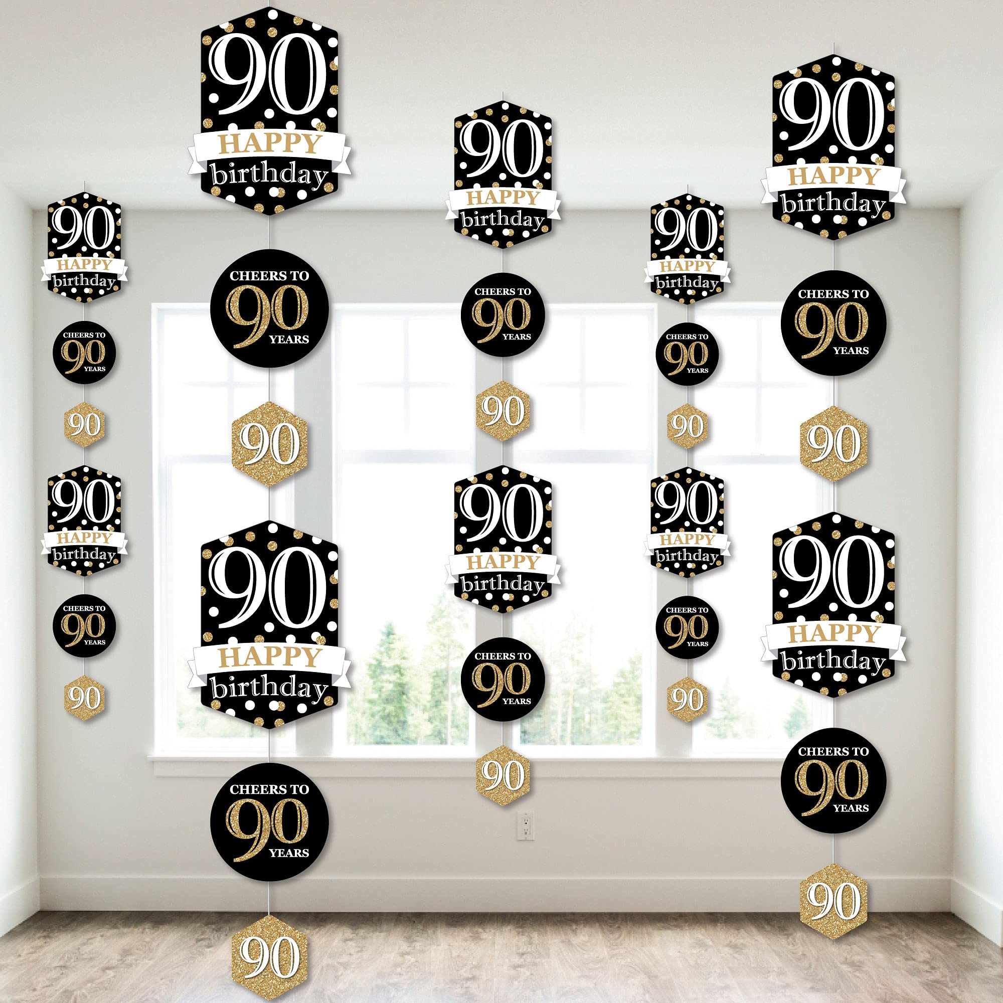 Big Dot of Happiness Gold 90th Birthday Party Decorations - 30-Piece DIY Hanging Backdrop Kit for Adult Milestone Celebrations - Perfect for Wall Decor, Photo Booths & Anniversary Parties