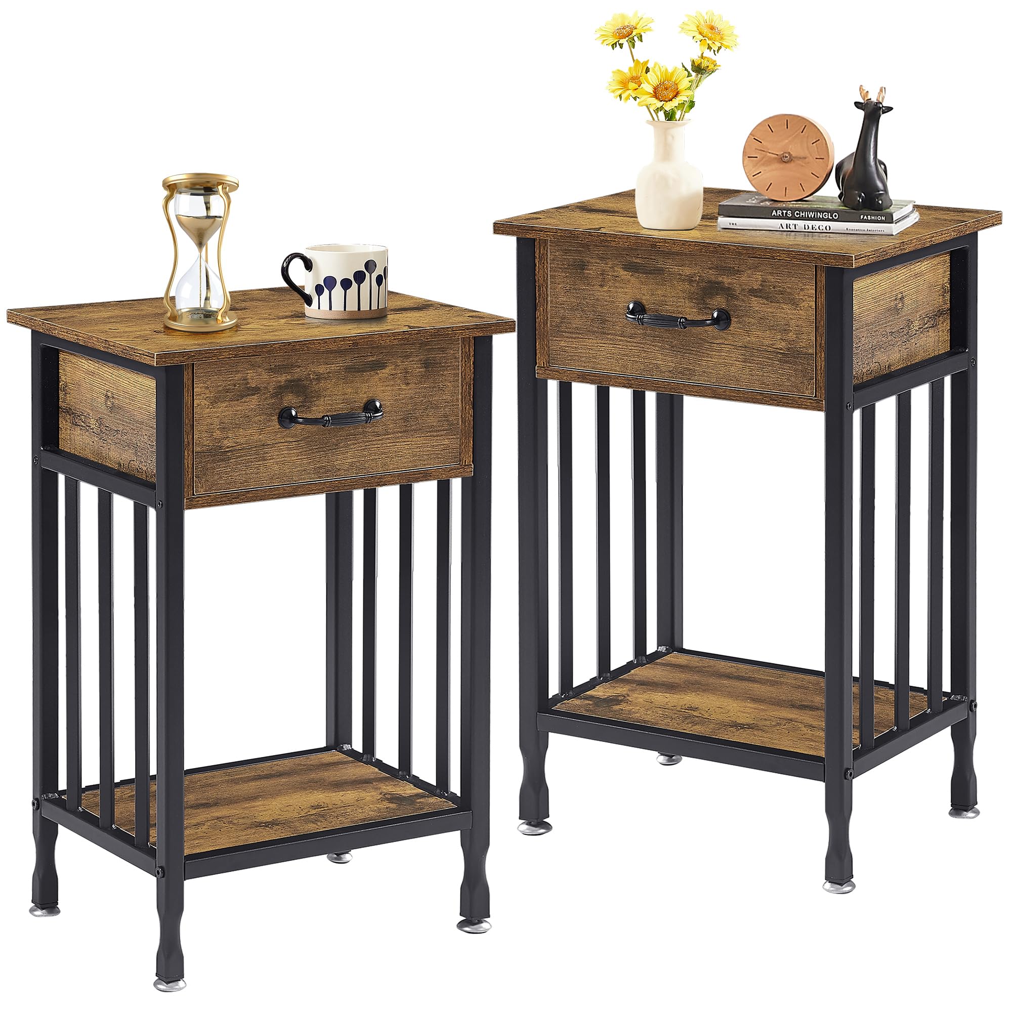 VECELO 3-Tier Nightstand with Drawer & Storage Shelf - Wooden Bedside Table with Metal Frame for Bedroom & Living Room - Perfect for Organizing Books, Lamps, and Bedroom Essentials