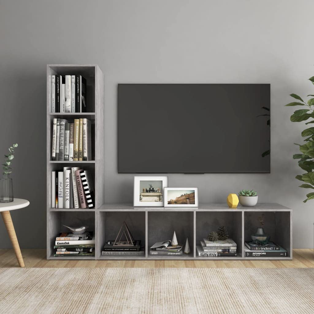 2-Piece Wall Mounted TV Stand Set with Floating Shelves - Modern Entertainment Center & Bookcase for Living Room, Bedroom - Concrete Gray - Perfect for Small Spaces & Home Theater Setup