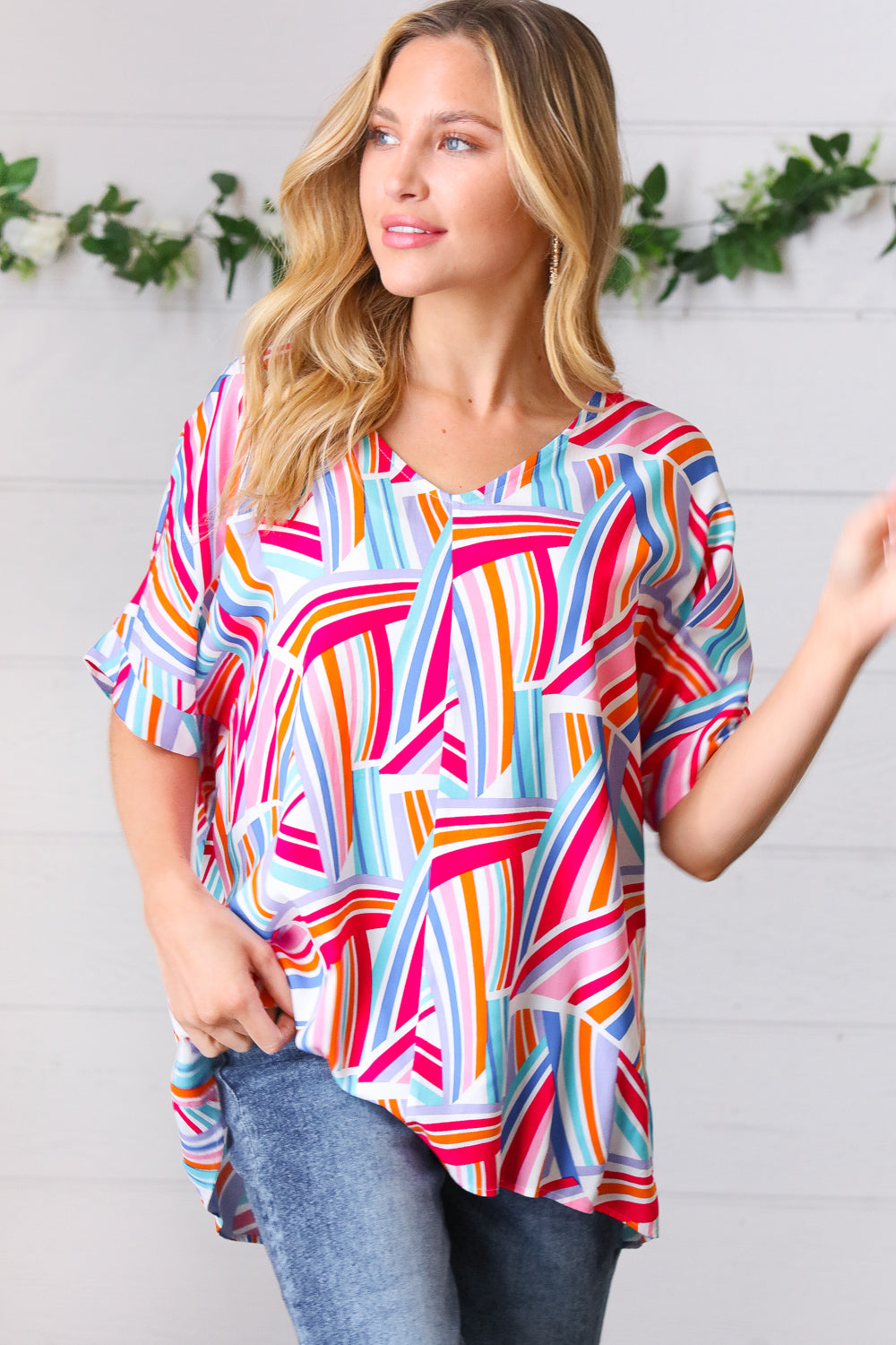 Stylish Blue & Fuchsia Geometric Print Woven Top for Women | Trendy Casual Blouse for Summer Outfits, Office Wear & Date Nights