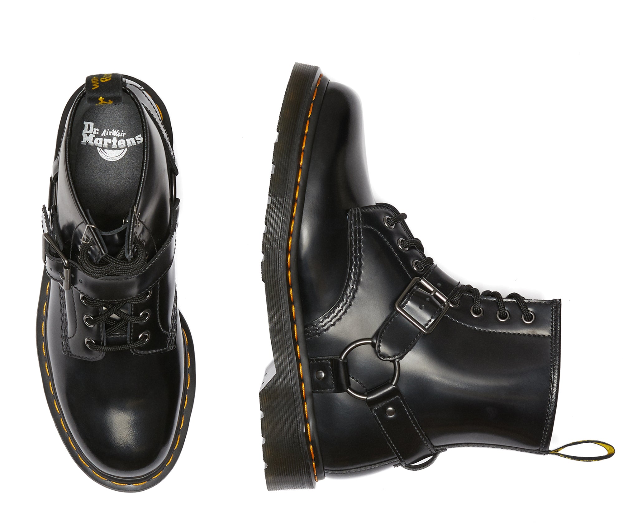 Dr. Martens 1460 Harness Black Polished Smooth Leather Lace-Up Combat Boots - Punk Fashion, Workwear & Everyday Street Style