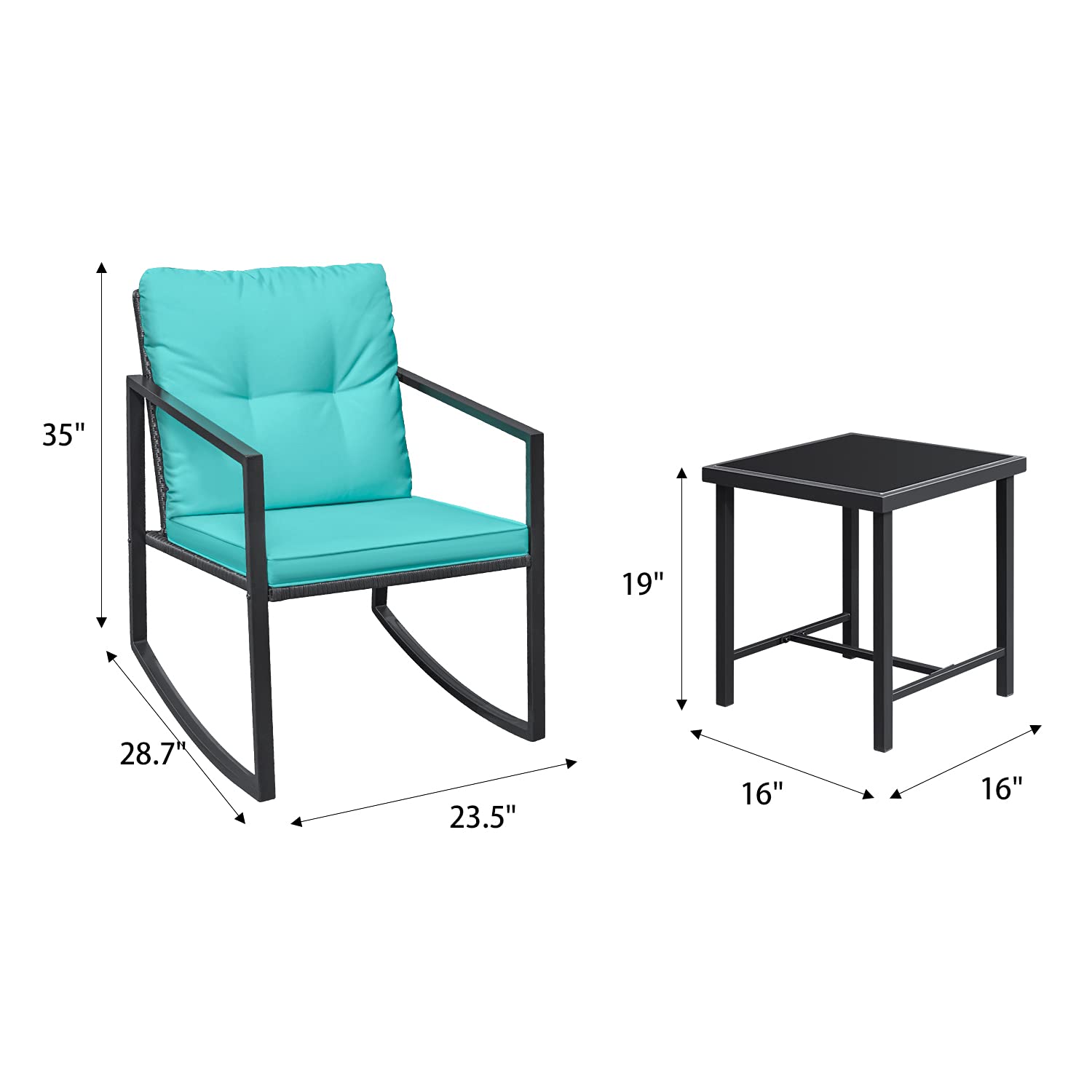 Greesum 3-Piece Wicker Rocking Bistro Set - Outdoor Patio Furniture with Porch Chairs & Glass Coffee Table - Blue - Perfect for Backyard, Garden, Poolside & Balcony Relaxation