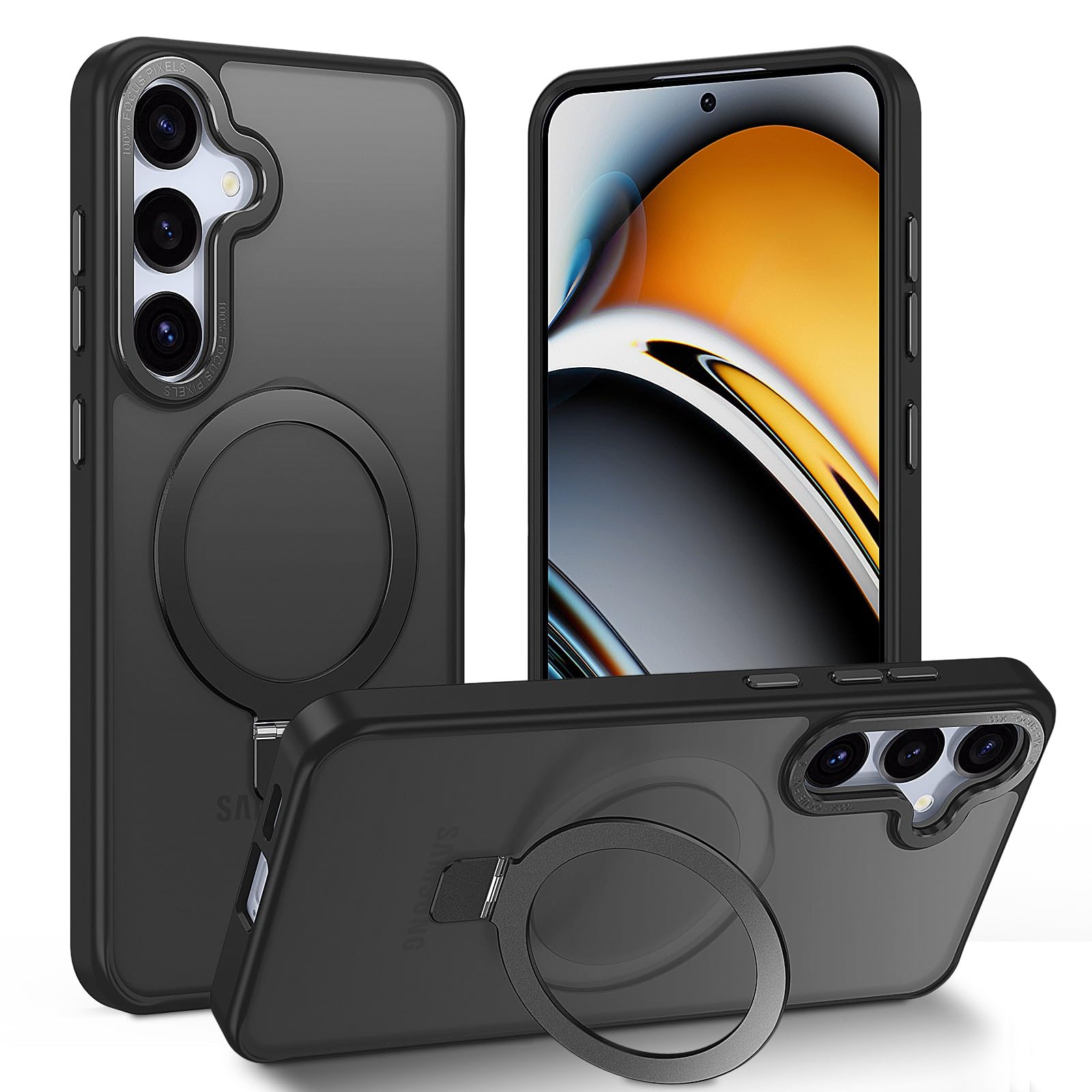 STERKER Magnetic Ring Stand Case for Samsung Galaxy S24 Plus - Military Grade Drop Protection, Slim Matte Translucent Cover with Kickstand - Perfect for Work, Travel & Everyday Use (Black)