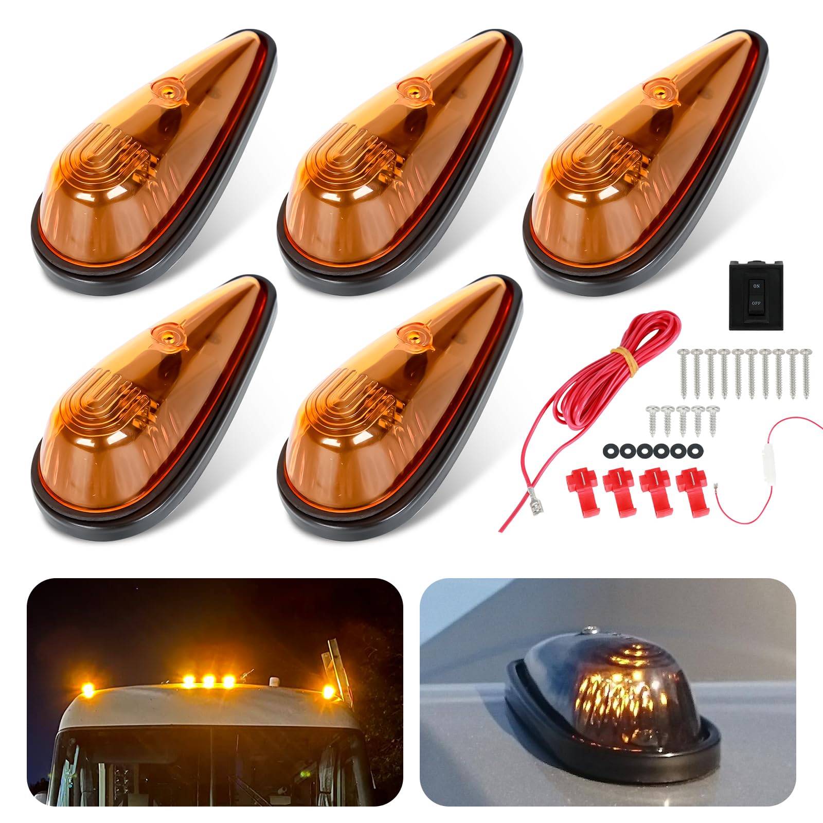 5Pcs Amber Teardrop Cab Lights - 9LED Truck Marker Lights with Wires & Mounting Kit - Waterproof Clearance Roof Running Lights for Pickups, Vans, Semis, RVs - Ideal for Night Driving & Road Safety