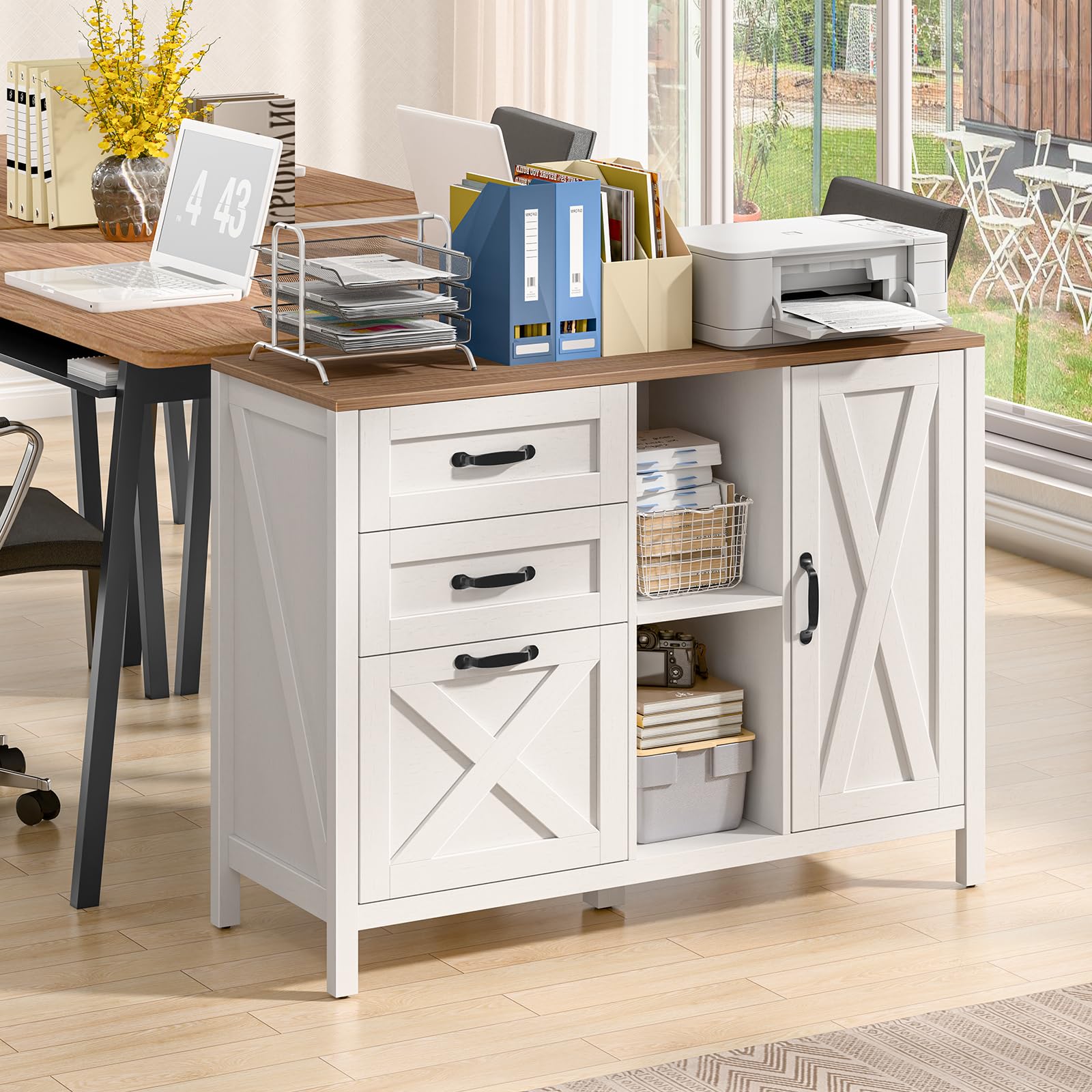 3-Drawer Lateral File Cabinet with Door & Adjustable Shelf - Farmhouse Style Home Office Storage for Letter/A4 Hanging Files - White Printer Stand & Storage Cabinet for Home, Office, or Study Room Organization