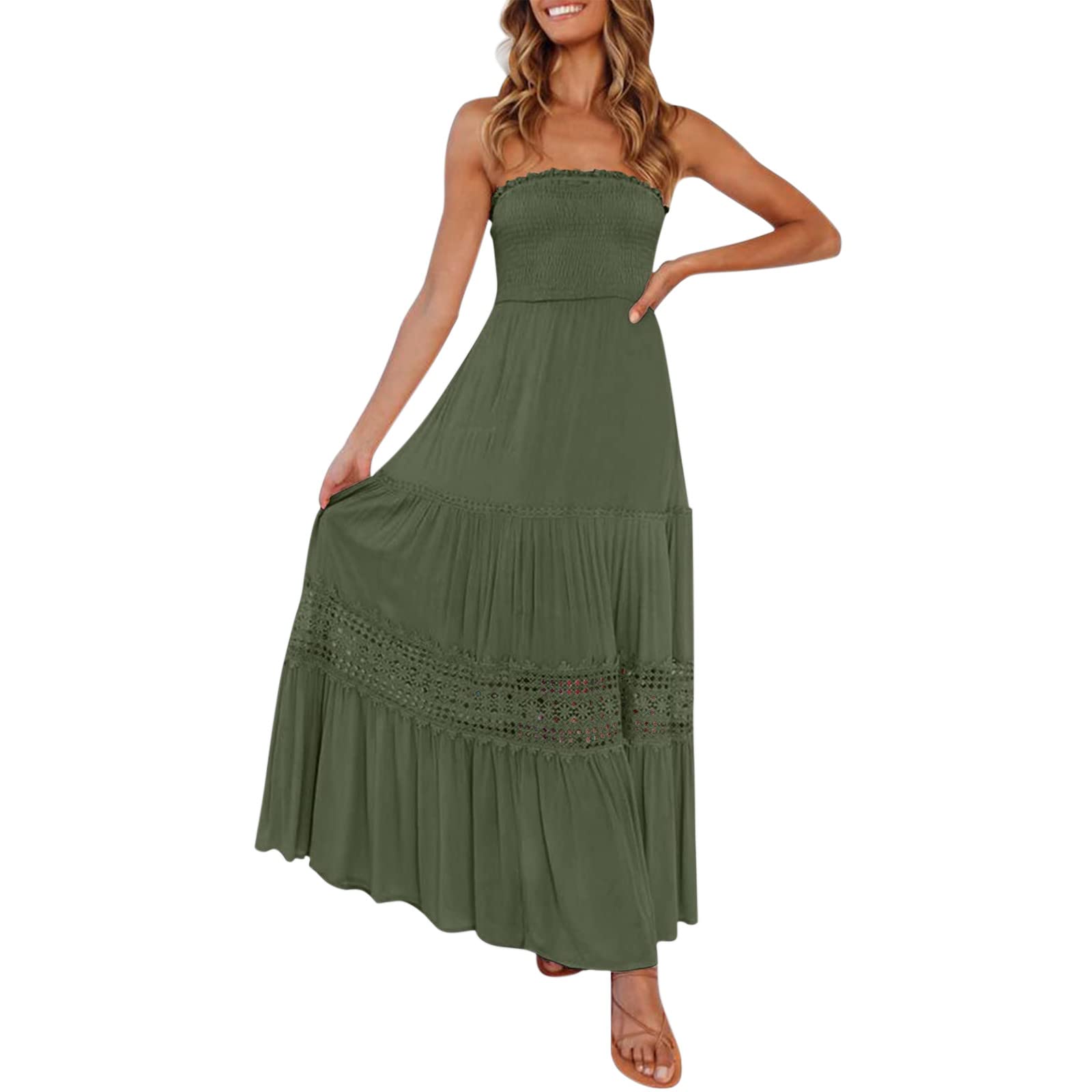 Women's Summer Bohemian Strapless Off Shoulder Sundress - Flowy A-Line Maxi Dress with Lace Trim, Backless Beach Dress for Women (Green, Size S) | Perfect for Beach Vacations, Pool Parties & Summer Outings