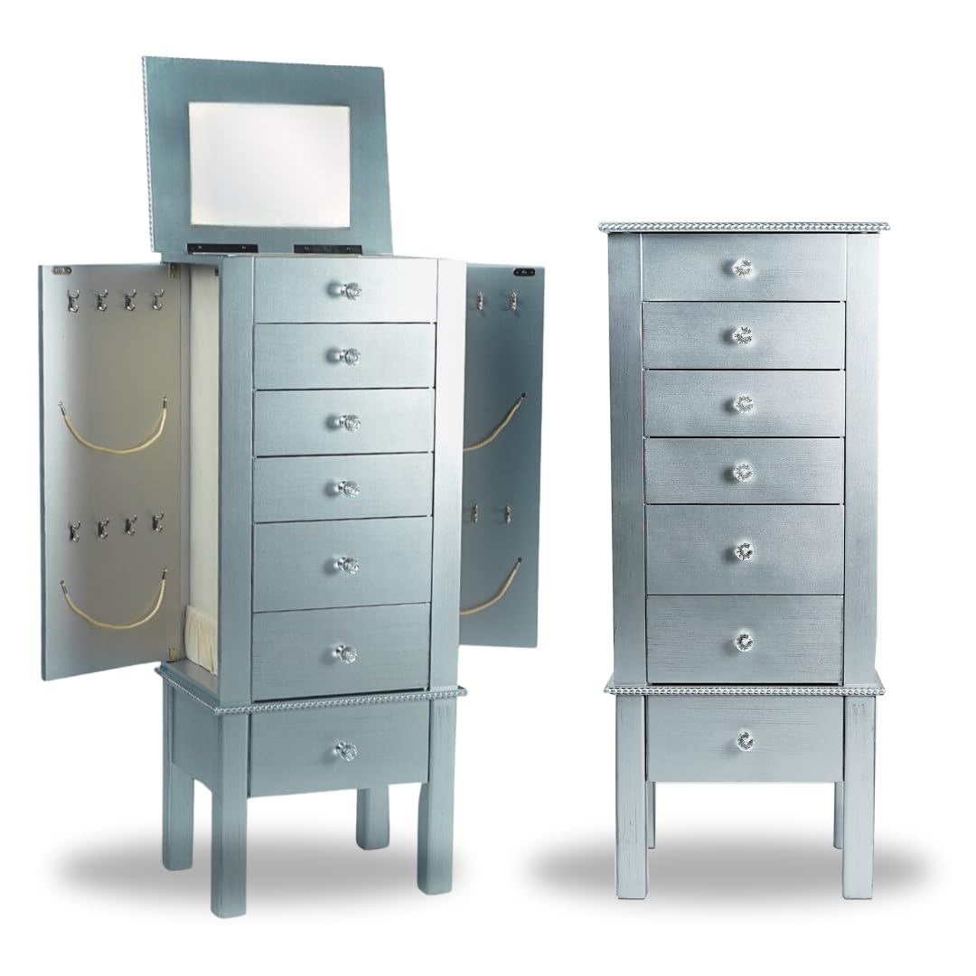 Modern Silver Jewelry Armoire with Divided Drawers & Necklace Hooks - French-Inspired Jewelry Organizer with Anti-Tarnish Felt Lining - Perfect for Bedroom, Closet & Vanity Storage