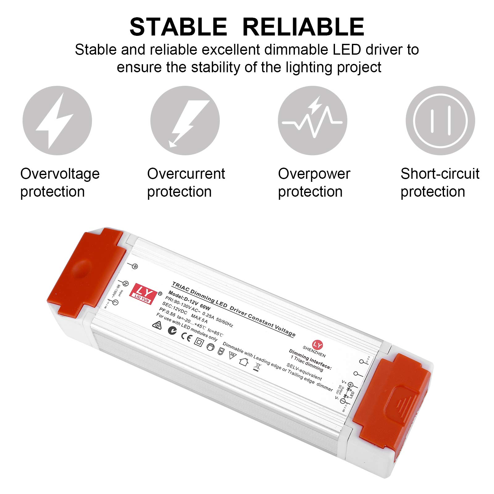 Dimmable LED Driver 12V 60W Universal Regulated DC Power Supply - Low Voltage Transformer Compatible with Lutron & Leviton Dimmers - Perfect for LED Strip Lights in Home, Office & Commercial Lighting