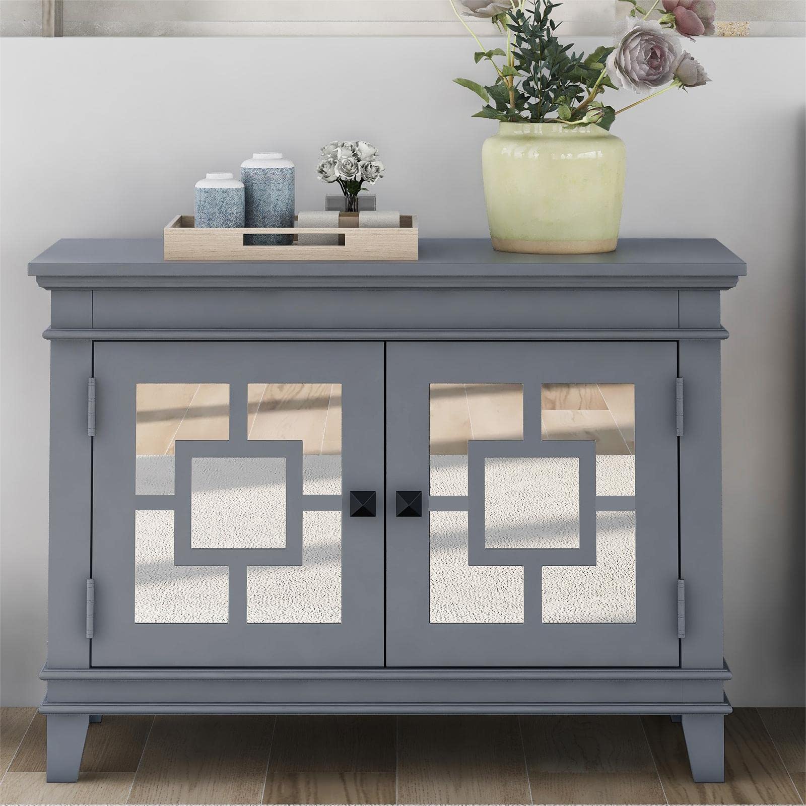 Elegant Gray Wooden Accent Storage Cabinet with Decorative Mirror Door - Buffet Sideboard Console Table for Entryway, Living Room, Bedroom - Perfect for Home Decor, Organization & Stylish Storage Solutions