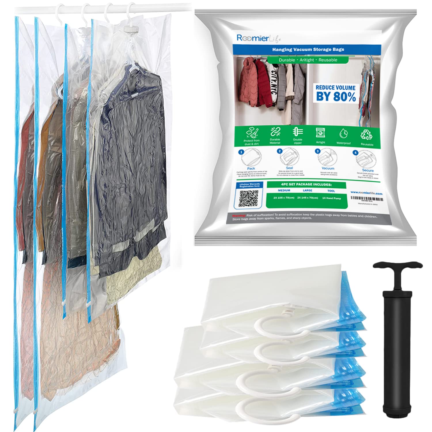4 Pack Vacuum Storage Bags for Travel - Medium to Large Space Saver Compression Bags with Sealer & Roll-up, Organize Suits, Jackets & Clothes | Perfect for Packing, Moving & Closet Storage
