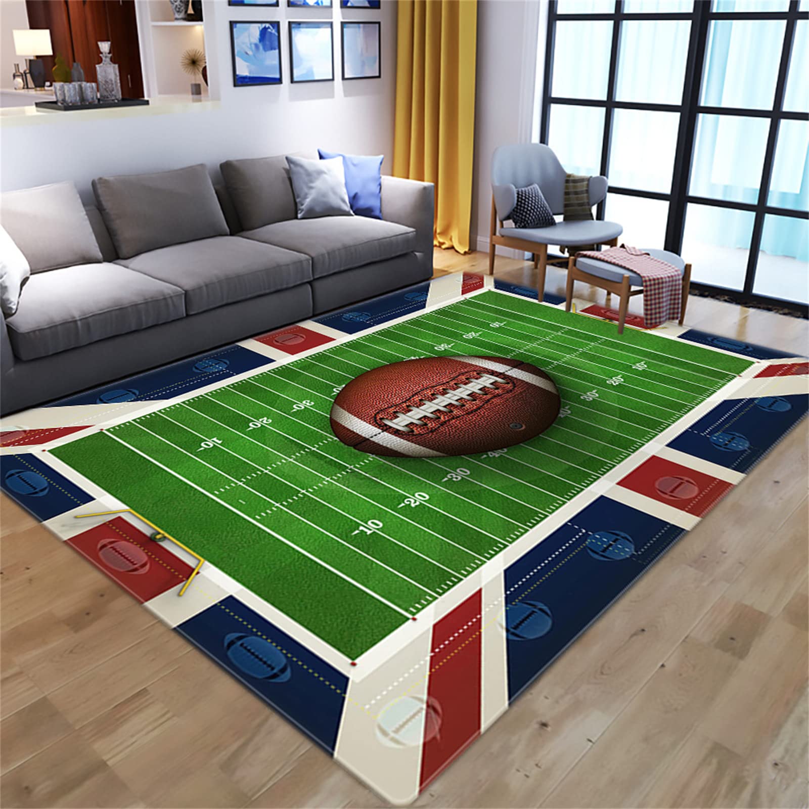 Boys Football Field Design Large Area Rug - Non-Slip Soft Washable Sports Carpet for Bedroom, Dining Room & Game Room (5'3