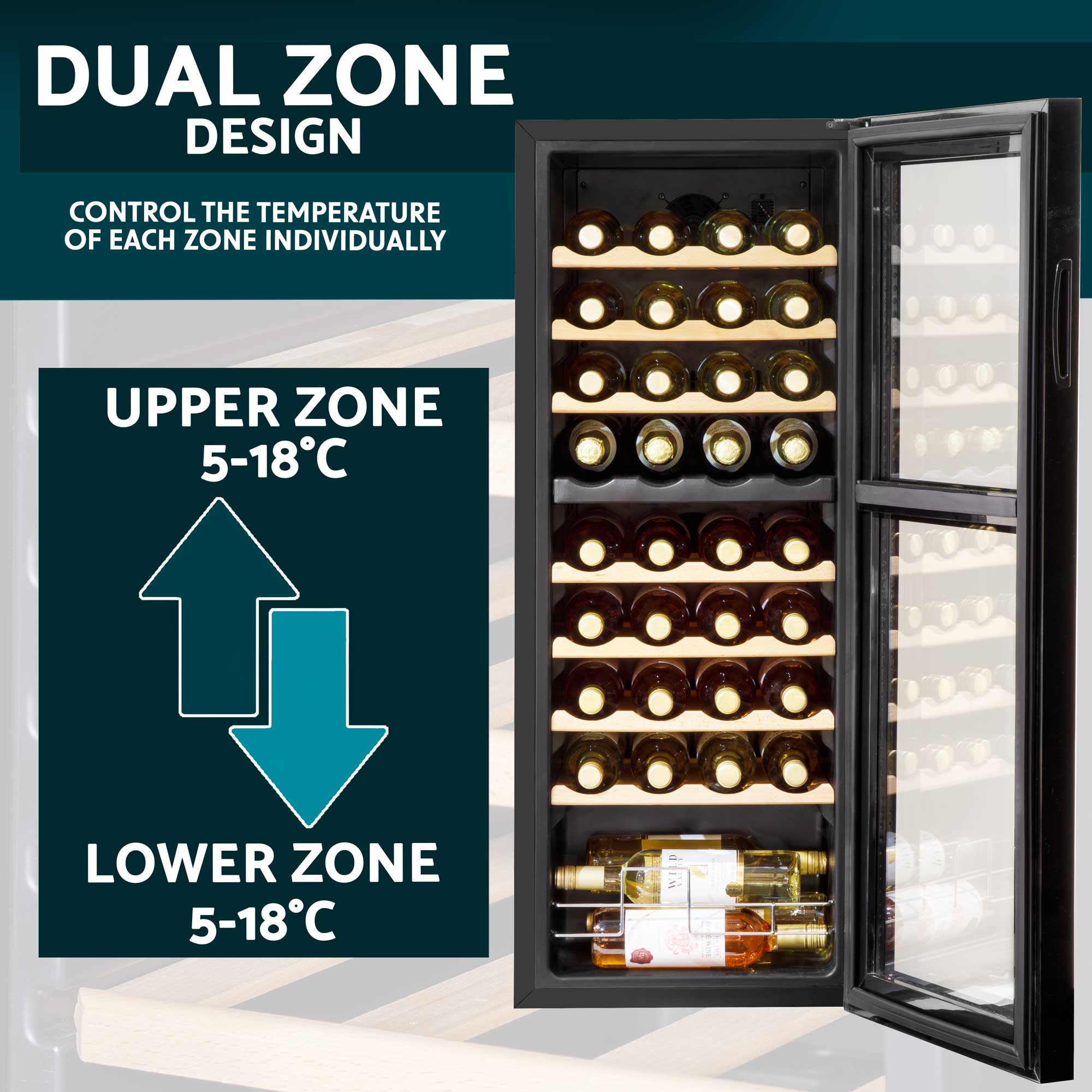 36 Bottle Dual Zone Wine Cooler Refrigerator with Touch Controls & Wooden Shelves - Perfect for Home, Office, or Restaurant Wine Storage and Display