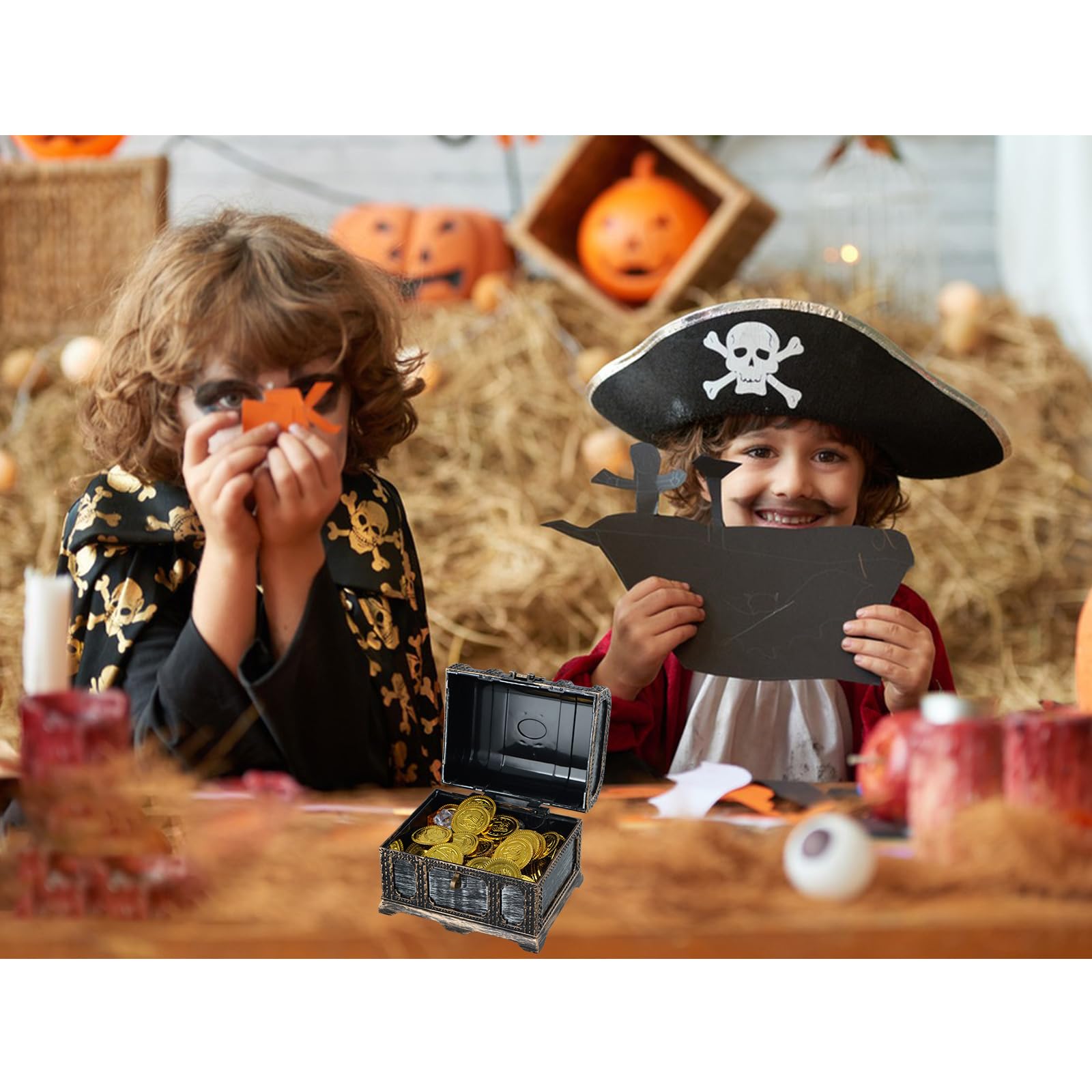 Antique Pirate Treasure Chest with Lock & Key - Wooden Jewelry Box for Kids, Home Decor & Pirate Themed Party Supplies - Perfect for Costume Accessories, Gift Giving & DIY Treasure Hunts
