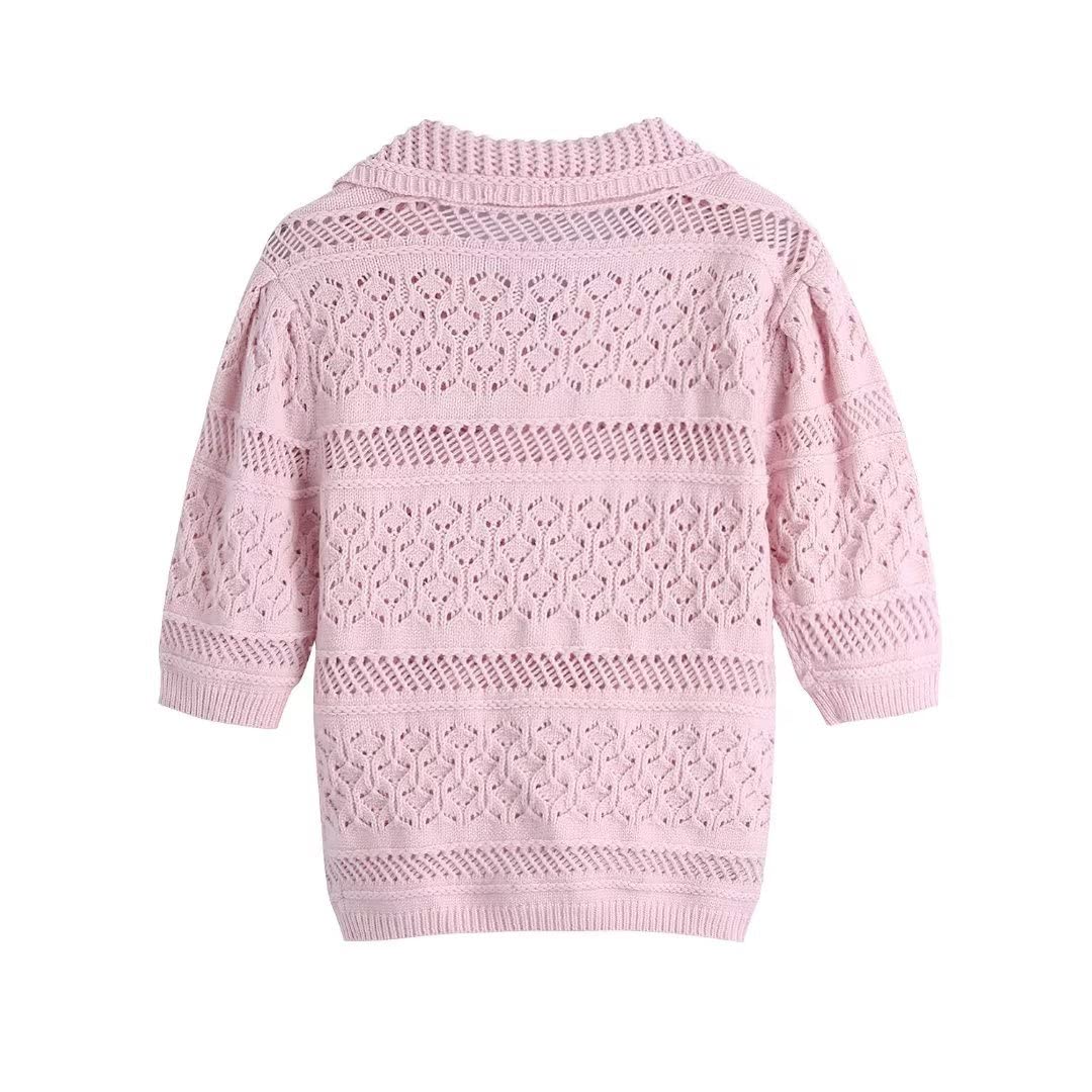 Women's Chic Hollow Knit Summer Sweater - Pink Short Sleeve Jumper Top for Casual Wear | Perfect for Beach Outings, Summer Parties & Office Outfits