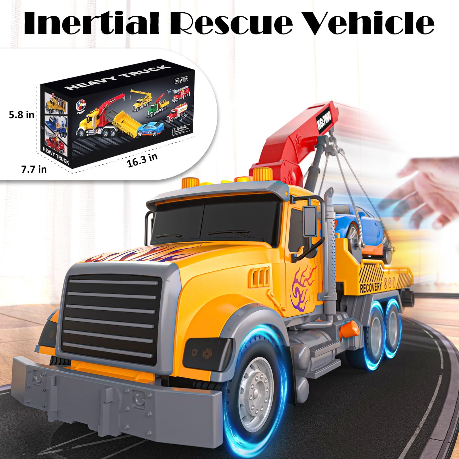 SS 15 Inch Big Tow Truck Toy with Friction Powered Transport & Crane - Realistic Lights & Sounds Pull Back Vehicle Set for Boys Age 4-7 - Includes Roadster with Hooks & Car - Perfect Birthday Gift for Kids (Orange) - Great for Pretend Play, Construction Scenes & Interactive Learning Activities