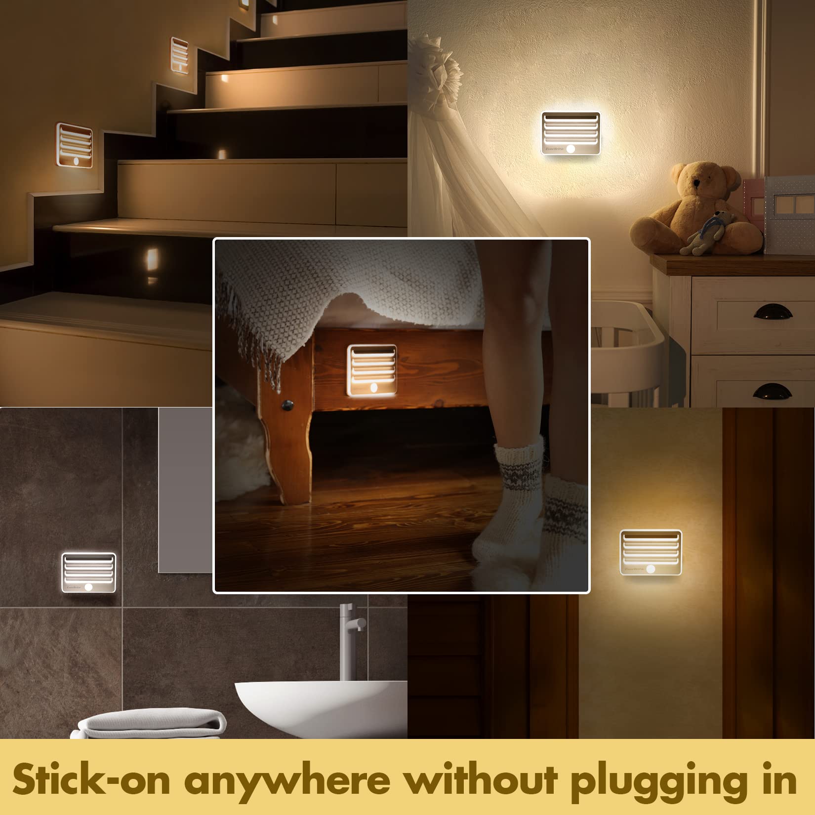 EverBrite Motion Sensor Night Light - Soft Warm LED Stair Lights for Indoor Use, Auto On/Off Stick-On Night Lights for Stairs, Closet, Bedroom, Bathroom (3 Pack with 9 AA Batteries Included) - Perfect for Safe Nighttime Navigation and Energy-Efficient Home Lighting