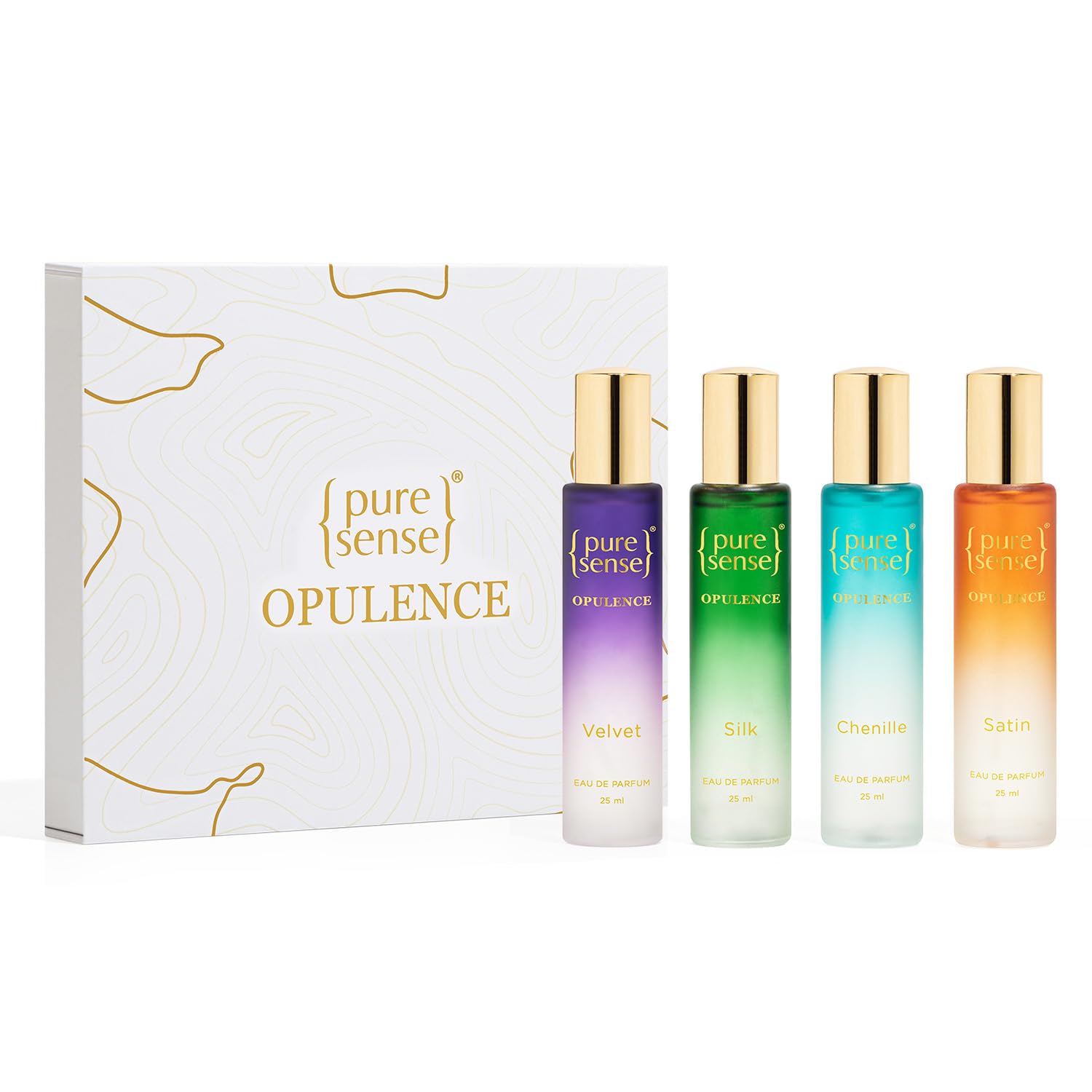 PureSense Opulence Perfume Gift Set - 4 Luxury Travel Scents (Silk, Velvet, Satin, Chenille) | Long Lasting Fragrance for Men & Women | Perfect Birthday Gift & Travel Companion | 25ml x 4 Bottles