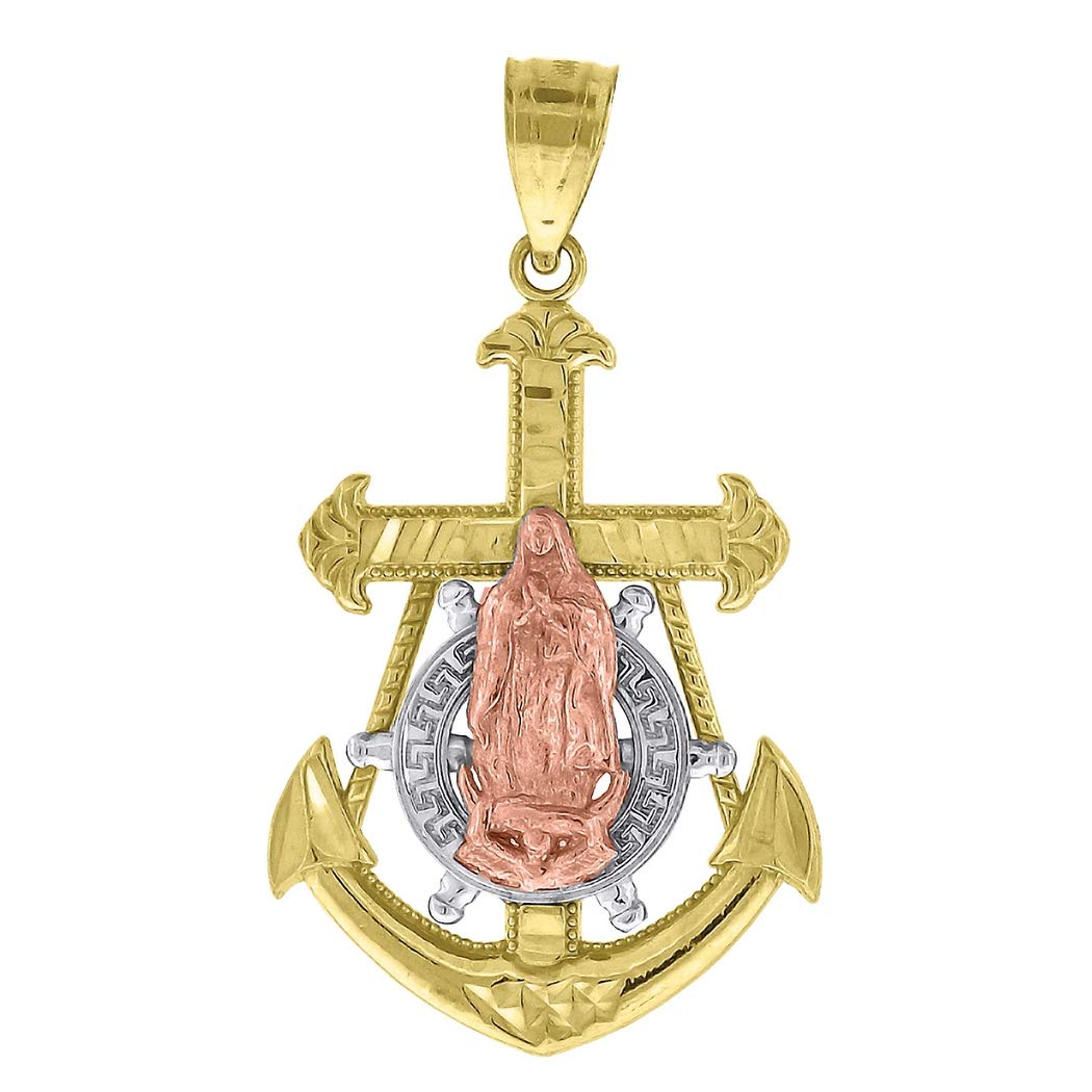 10K Tri-Color Gold Our Lady of Guadalupe Religious Nautical Anchor Charm Pendant Necklace for Men & Women - 31.8x18mm Jewelry Gift for Sailors, Mariners & Catholic Devotees - Perfect for Religious Occasions, Nautical Themed Events & Everyday Wear