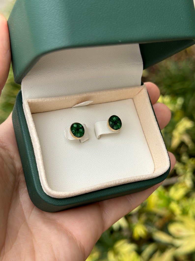3.0tcw 18K Gold Natural Rich Dark Green Colombian Emerald Oval Trapiche Slice Stud Earrings for Women – Perfect for Weddings, Parties & Special Occasions