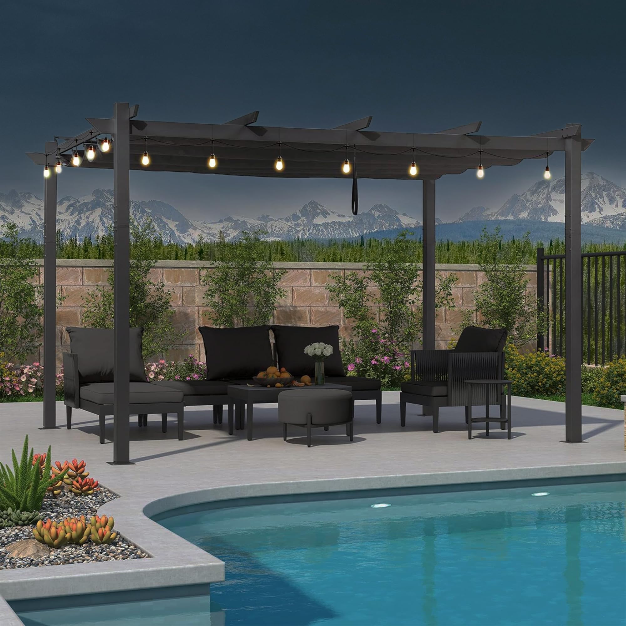 10' x 13' Retractable Aluminum Pergola with Double Sun Shade Canopy & String Lights - Outdoor Patio Cover for Backyard, Deck, Garden (Gray) - Perfect for Relaxing, Entertaining & Creating Shaded Outdoor Living Spaces
