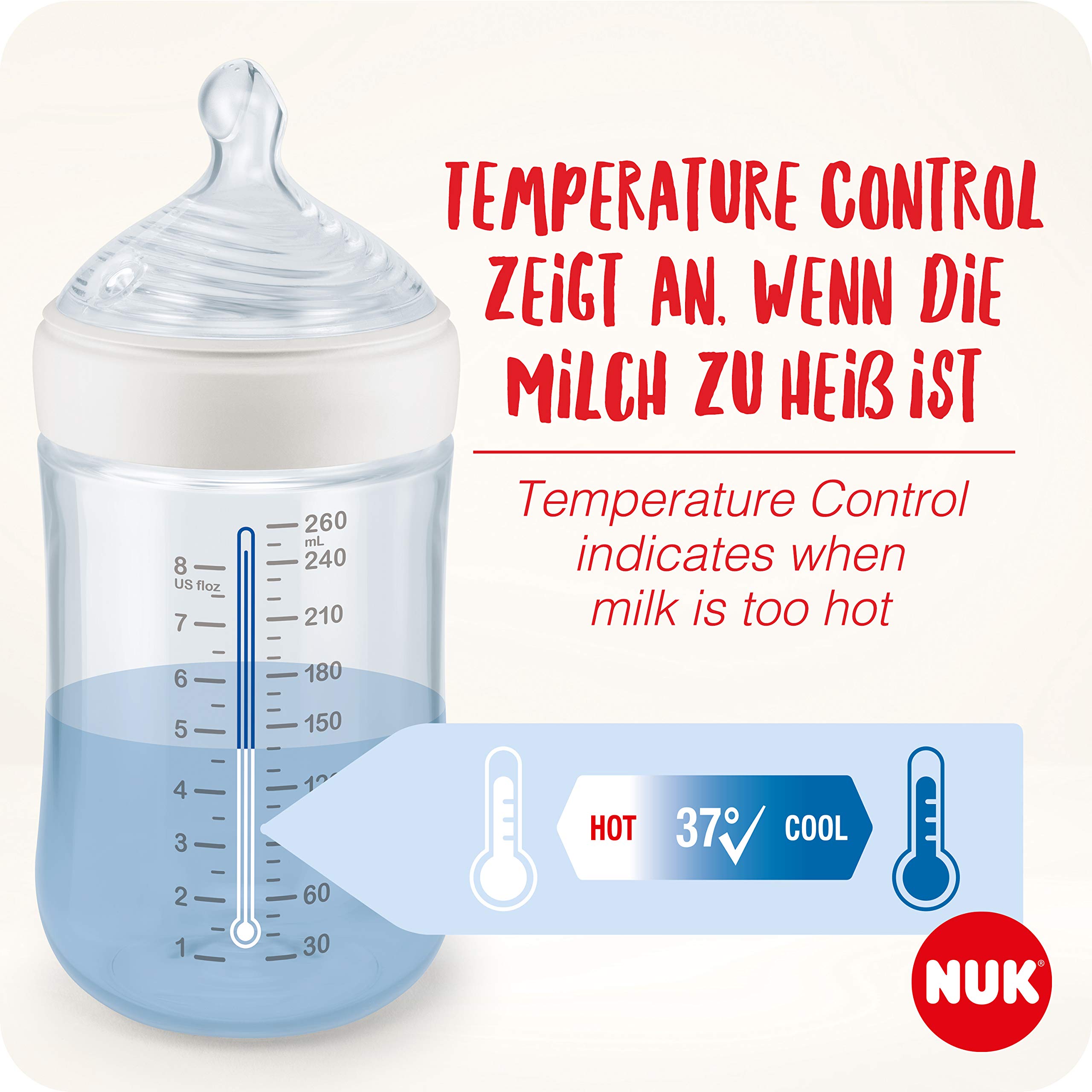 NUK Nature Sense Perfect Starter Baby Bottle Set - 2 (150ml, 0-6 Months) Anti-Colic Bottles with Temperature Display, Pacifier, Bottle Warmer, 2 Feeding Spoons & Formula Dispenser - 7 Piece Newborn Feeding Kit for Easy Daycare & Travel Feeding