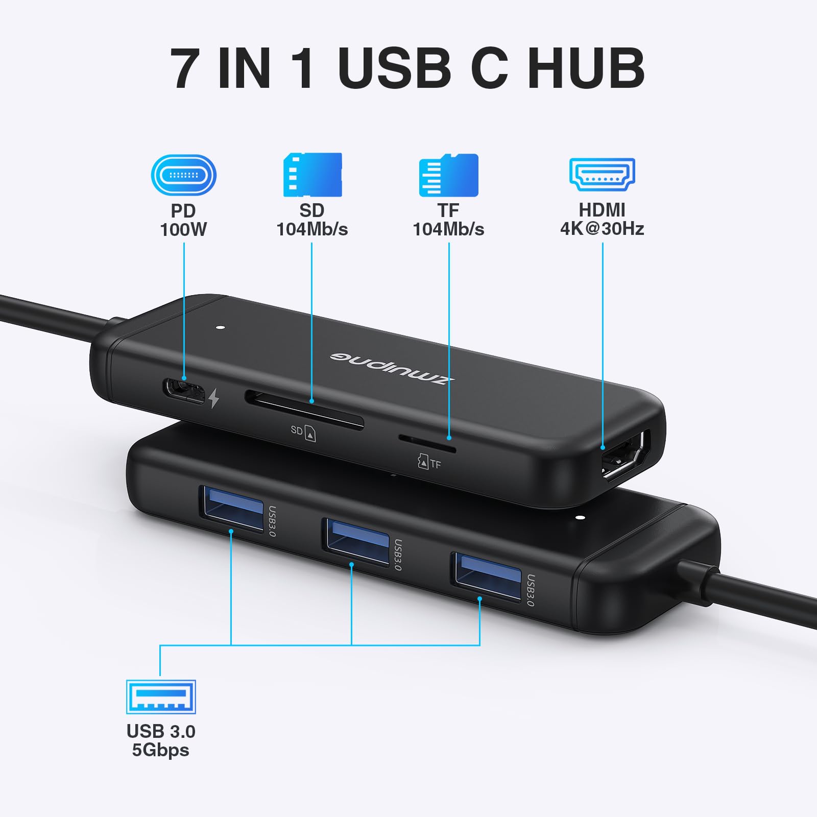 7-in-1 USB C Hub for MacBook - 4K HDMI, 100W PD, 3 USB Ports - Works with Surface & Dell XPS for Office & Travel