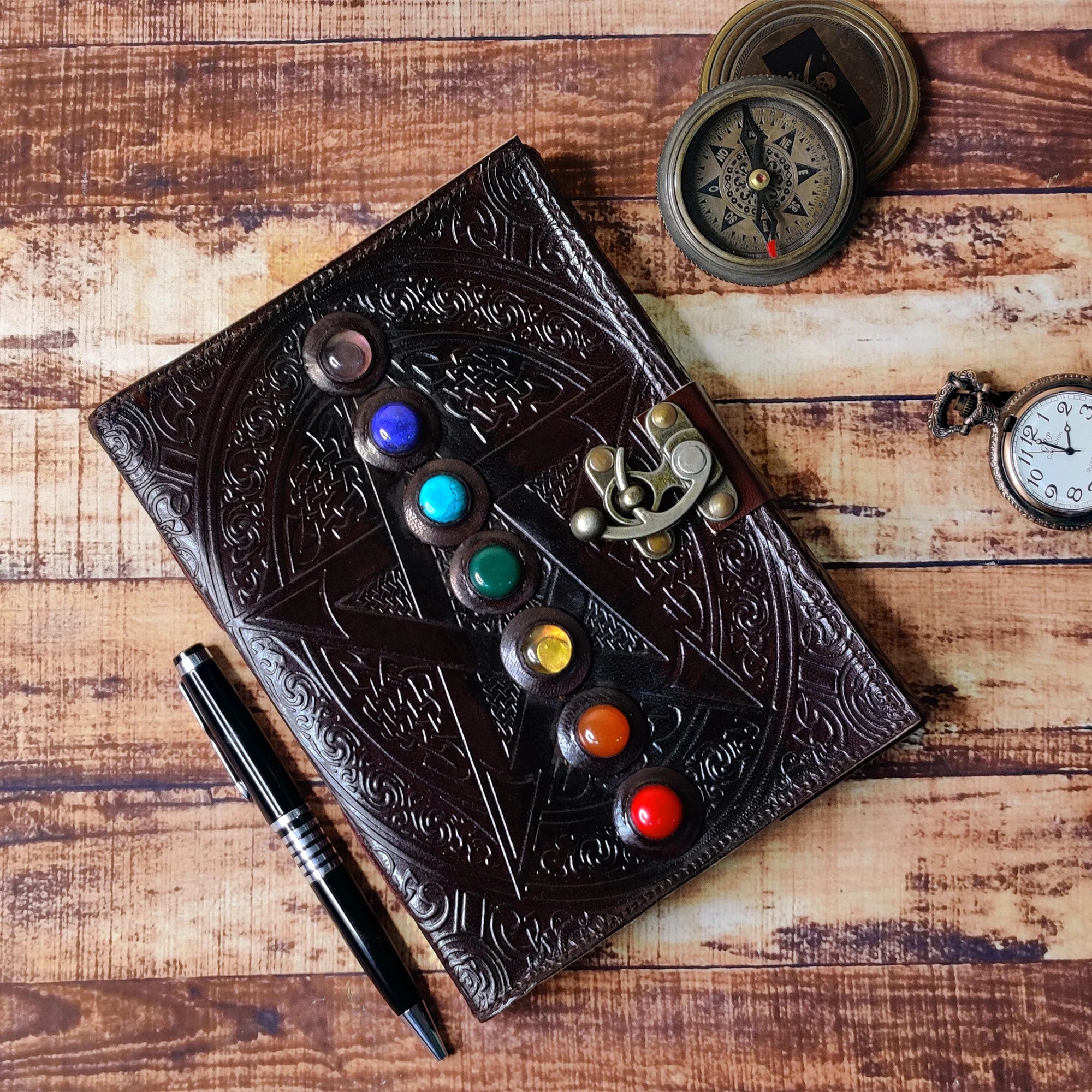 Vintage Leather Bound Journal with Lock - 7 Stone Embossed Design, Book of Shadows & Witchcraft Diary - Perfect for Wiccan Rituals, Spell Casting & Gothic Gift Giving