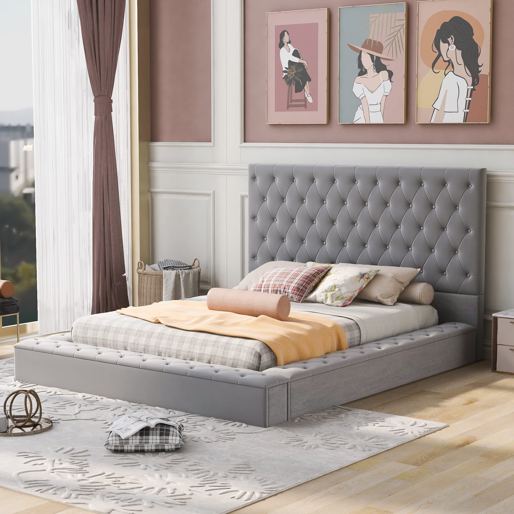 Full Size MengK Platform Bed with Storage - Gray for Small Spaces