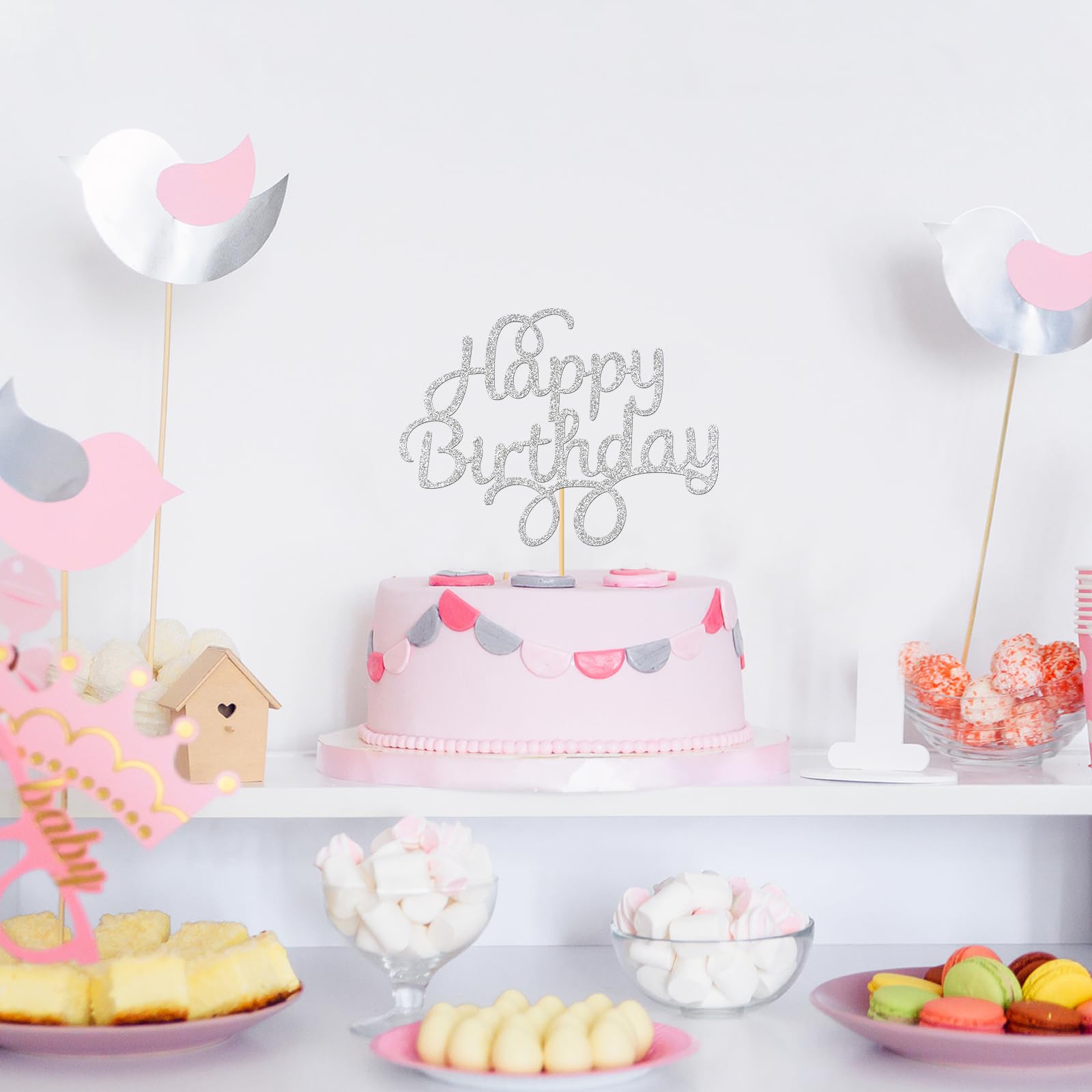 Silver Glitter Happy Birthday Cake Topper - Elegant Party Decor for Adults & Kids | Perfect for Birthday Cakes, Cupcakes & Dessert Tables