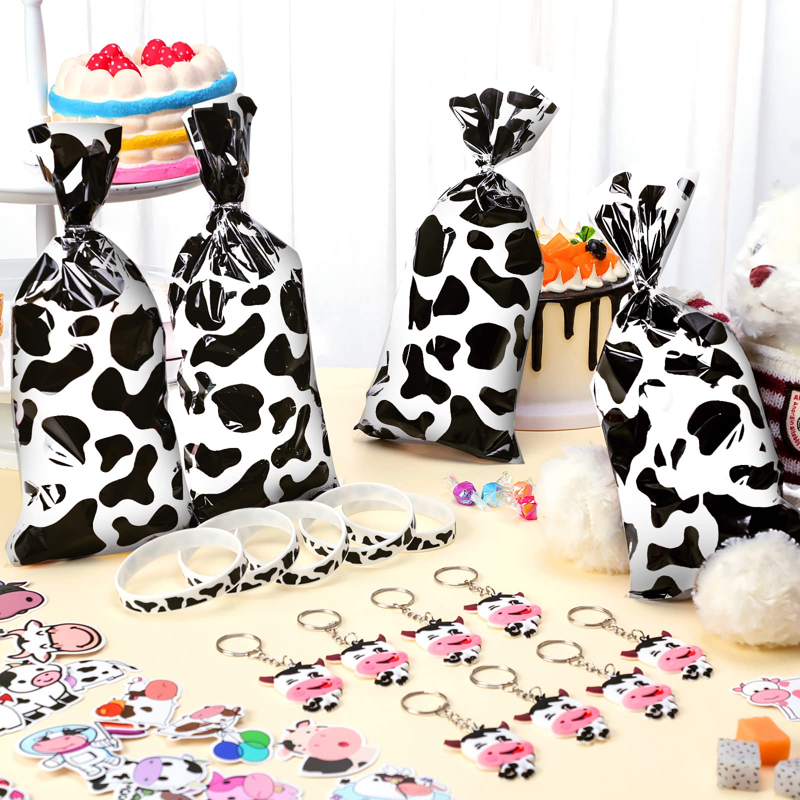 Chunful 148 Pcs Cow-Themed Party Favors Kit - Includes Cute Cow Keychains, Printed Gift Bags, Silicone Bracelets & Animal Stickers for Girls Birthday Party, Baby Shower & Cowboy Theme Events (White)