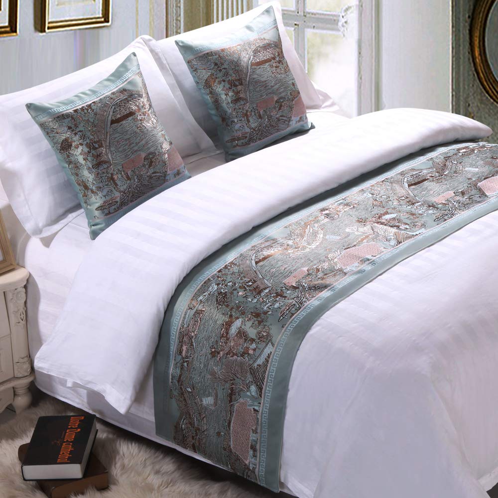 Luxury Solid Color Bed Runner - Premium Hotel Bedding Scarf for Queen & King Beds - Light Gray & Lake Blue - 50x260cm (2m Bed Size) - Perfect for Home, Hotel Decor & Special Occasions