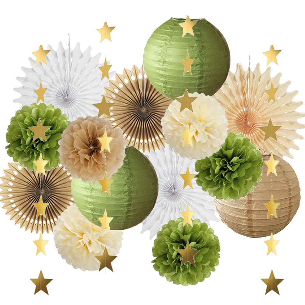Olive Green & Brown Party Decorations Set - Paper Lanterns, Fans, Tissue Pom Poms & Gold Star Garland for Baby Shower, Wedding, Birthday Decor | Elegant Bridal Shower & Celebration Party Supplies | Perfect for Indoor/Outdoor Events, Home Decor & Special Occasions