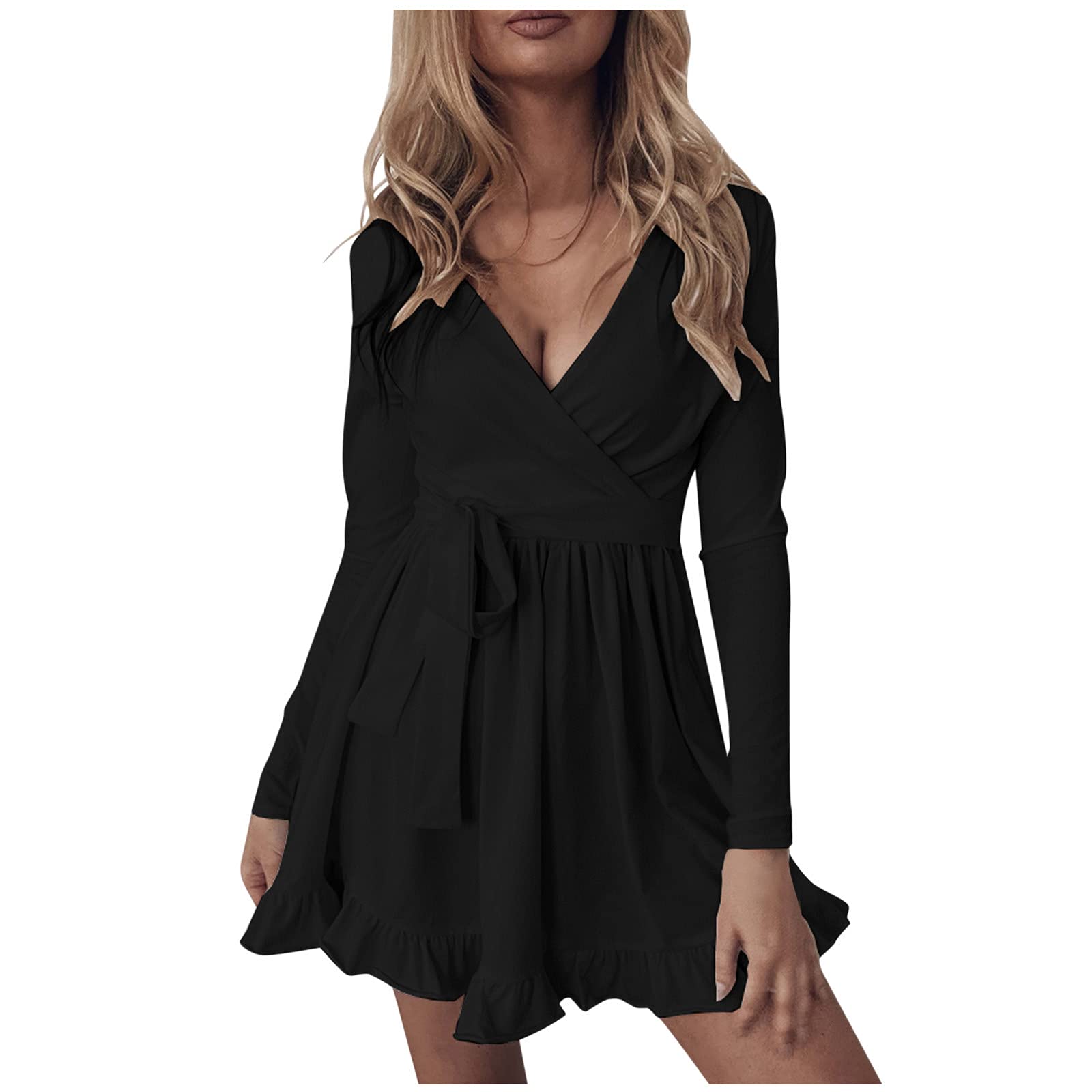 Elegant Women's Long Sleeve V-Neck Belted Mini Swing Dress for Party & Wedding | Solid Color Formal Gown for Cocktail, Evening Events & Special Occasions