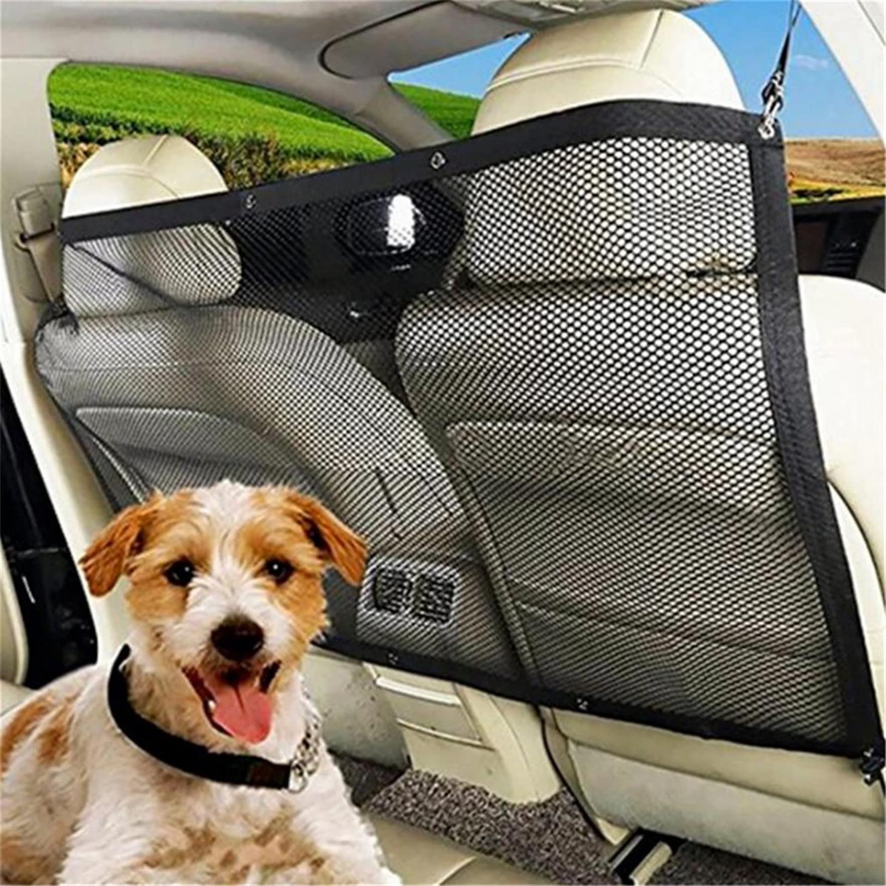 Adjustable Mesh Dog Car Barrier with Rope & Hook - Backseat Pet Divider Net for Pickup Trucks & Small Cars - Perfect for Safe Travel with Pets