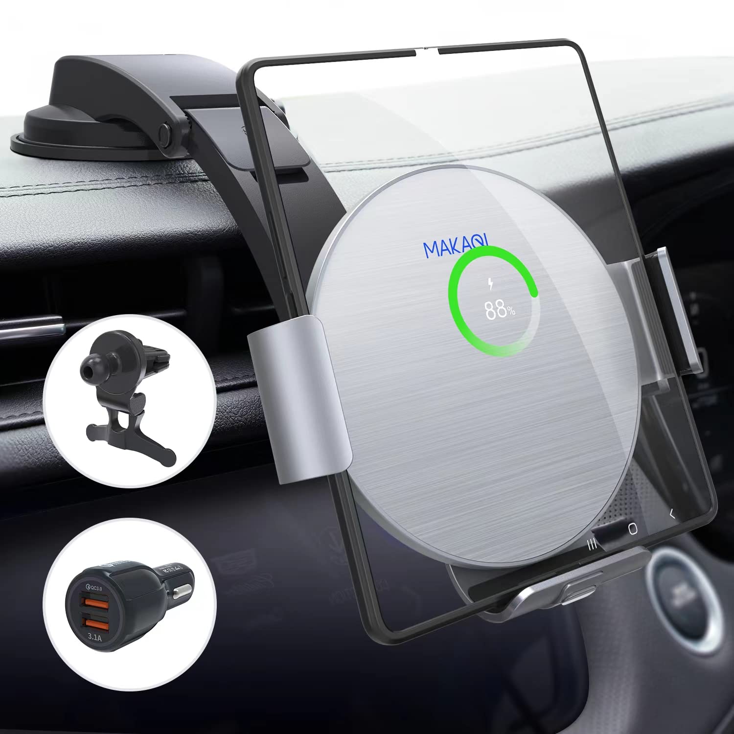 Fast Wireless Car Charger for Samsung Galaxy Z Fold 6/5/4/3/2 & iPhone 16/15/14/13/12/11 Pro Max/X - Dual Coil Auto-Clamping Phone Holder with 15W Qi Charging - Perfect for Road Trips & Daily Commute