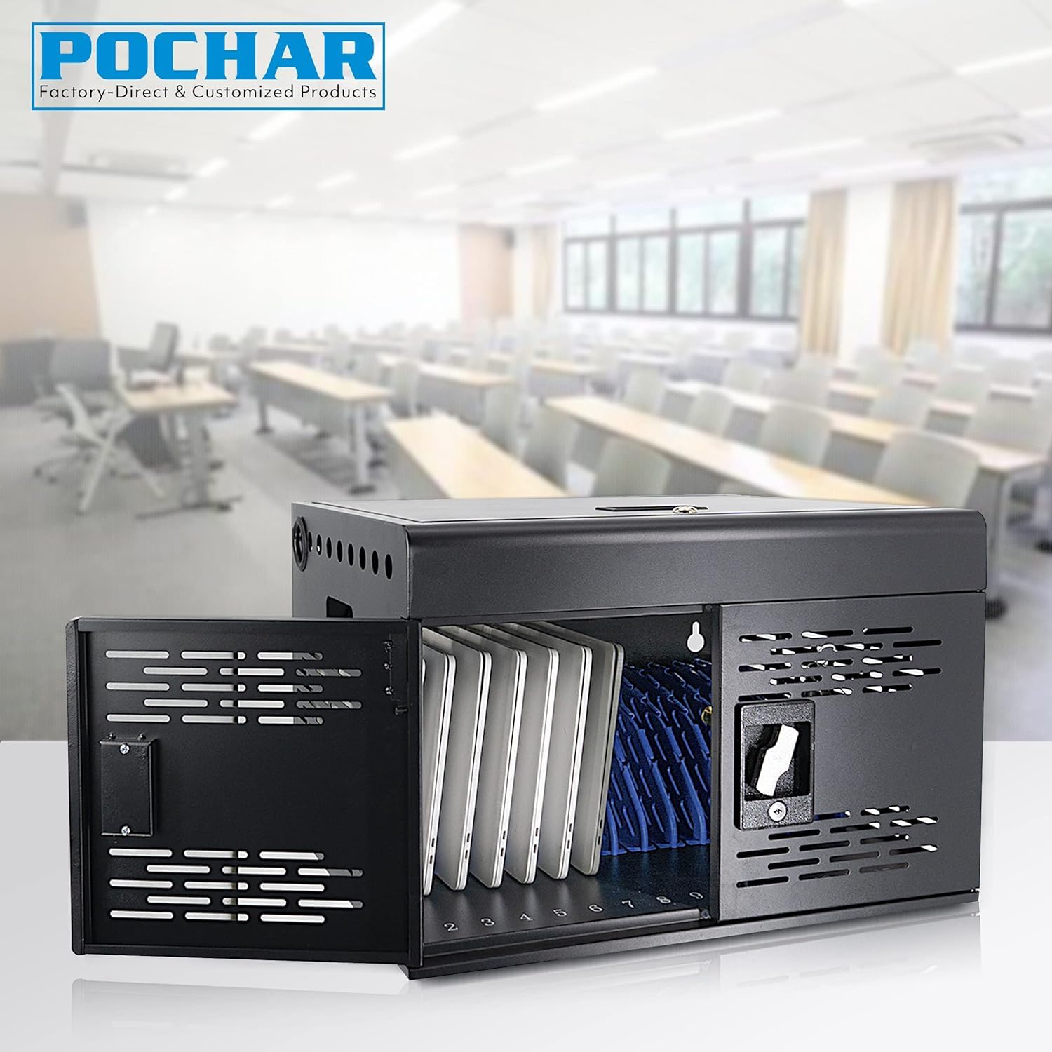 16-Port Locking Charging Cabinet for Laptops & Tablets - Secure Storage with Cable Management, Charger Organization & Ground Protection - Ideal for Classroom, Library, Office & School Tech Stations