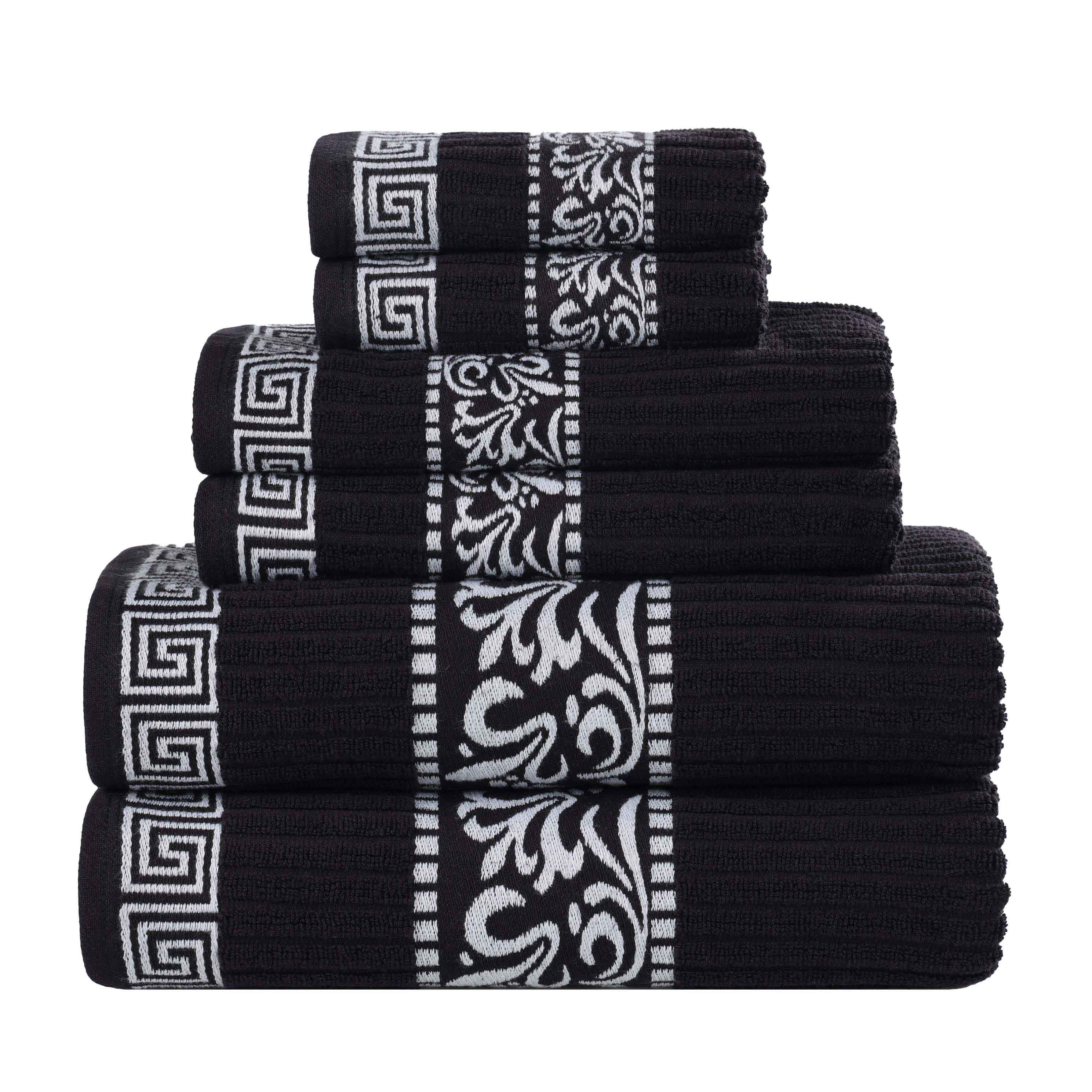Athens Cotton Greek Scroll and Floral 6-Piece Bath Towel Set - Soft & Absorbent Luxury Towels for Bathroom, Spa, and Guest Use