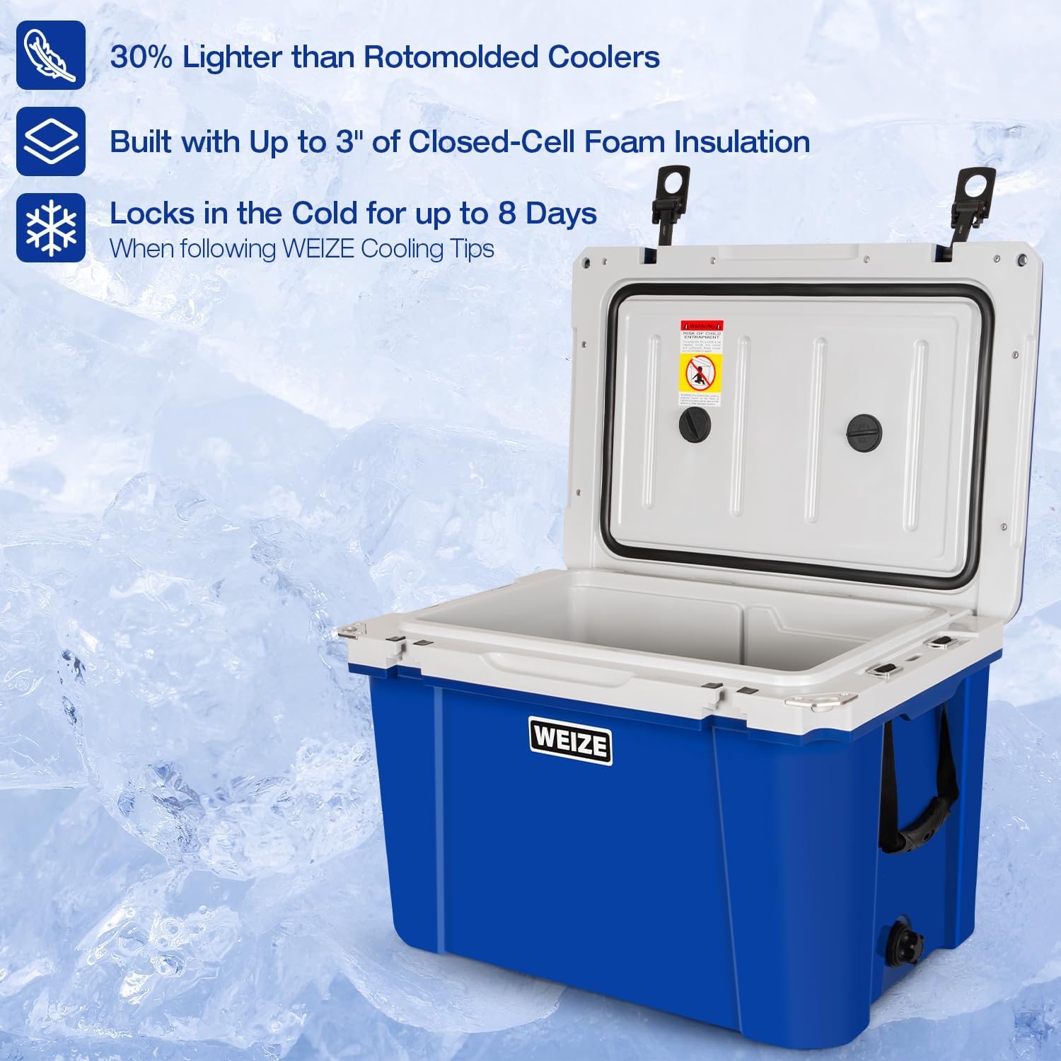 WEIZE 55 Quart Ultra Lightweight Hard Cooler - Insulated Ice Chest Box with Bottle Opener, Keeps Ice for 8 Days, Portable for Camping, Beach, Picnics & Outdoor Adventures (Blue)