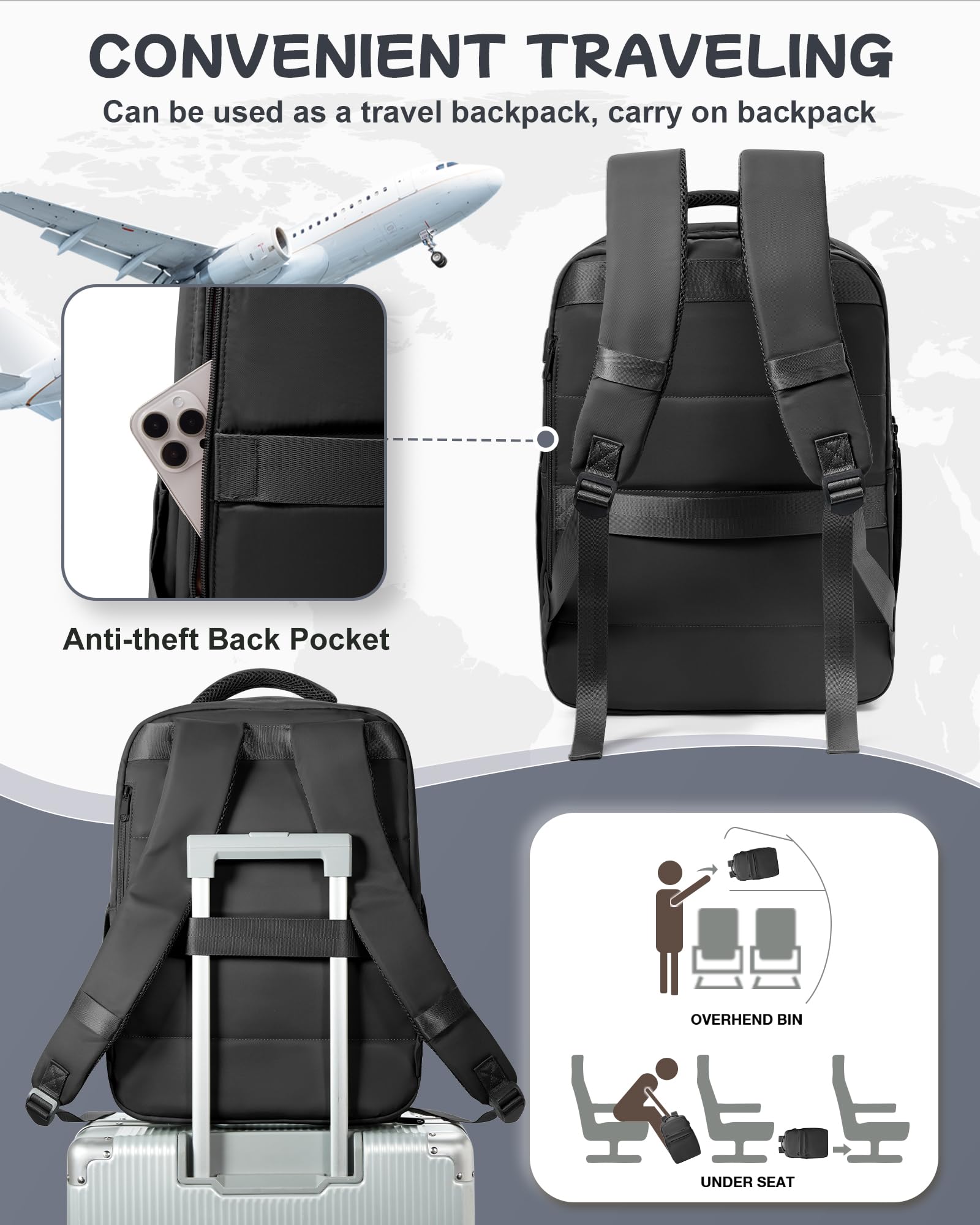 Large Black Travel Backpack - TSA Approved Carry On Backpack for Airplane Travel | Durable Flight Personal Item Bag for Women & Men | Perfect for Business Trips, Weekend Getaways & Adventure Travel