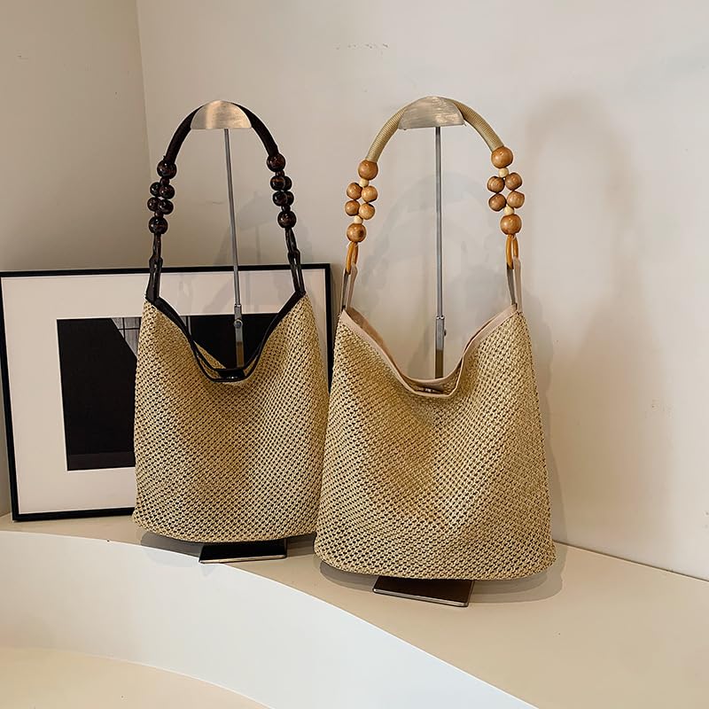 Large Straw Woven Tote Bag for Women - Beach Vacation Travel Handbag with Mesh Shoulder Strap | Perfect for Summer Outings, Pool Parties & Tropical Getaways