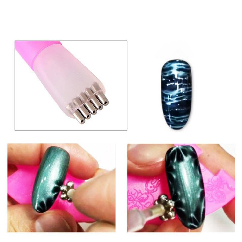 WOKOTO 5Pcs Professional Nail Art Magnet Tool Set - Double Head Flower Design Magnetic Pens & Strong Magnet Stick for Cat Eye Gel Polish - Perfect for Salon & Home Manicures (MJB076)
