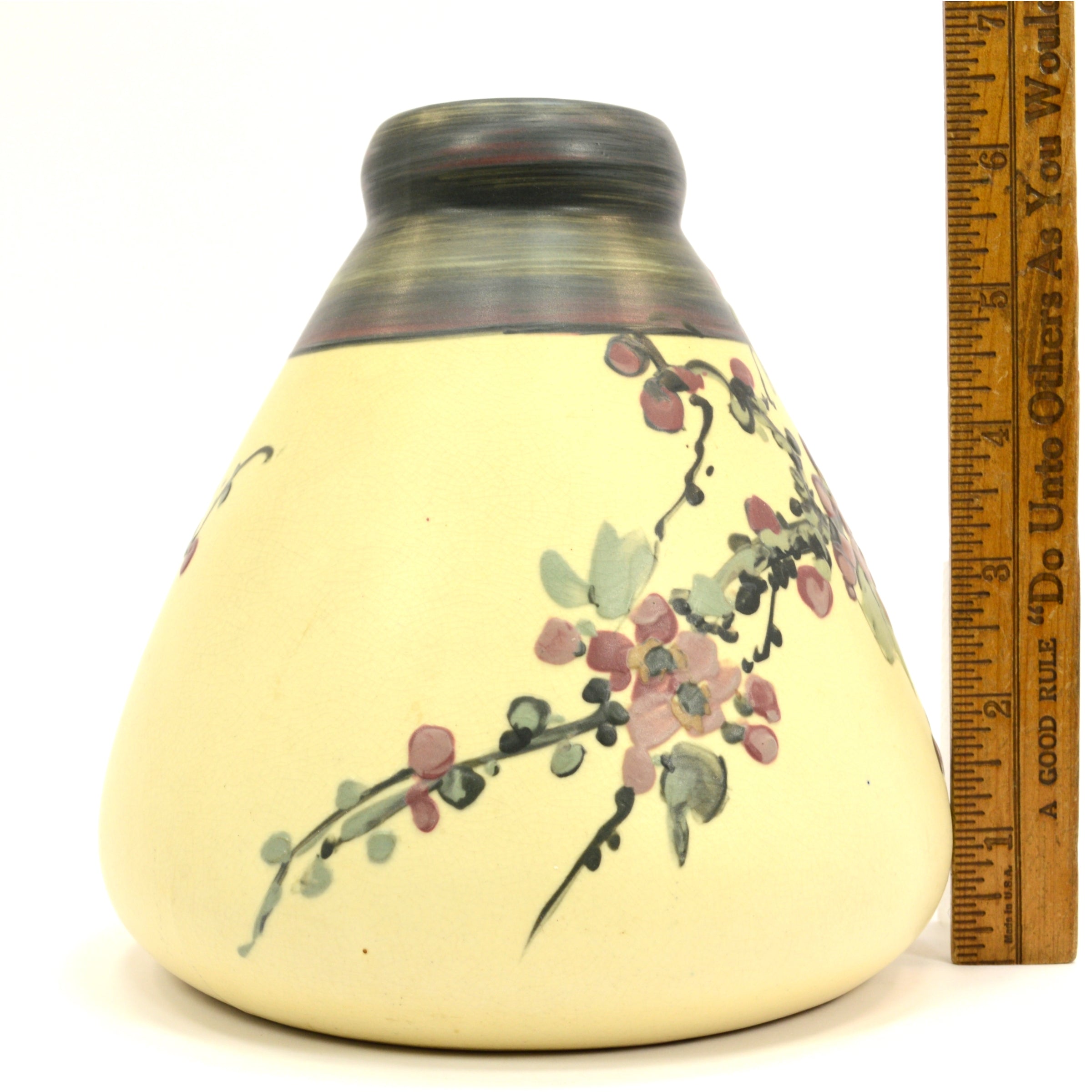 Antique Weller White & Decorated Hudson Vase 6.5 Inch Squat Cherry Blossoms - Rare Collectible Home Decor for Living Room, Office & Gift Giving