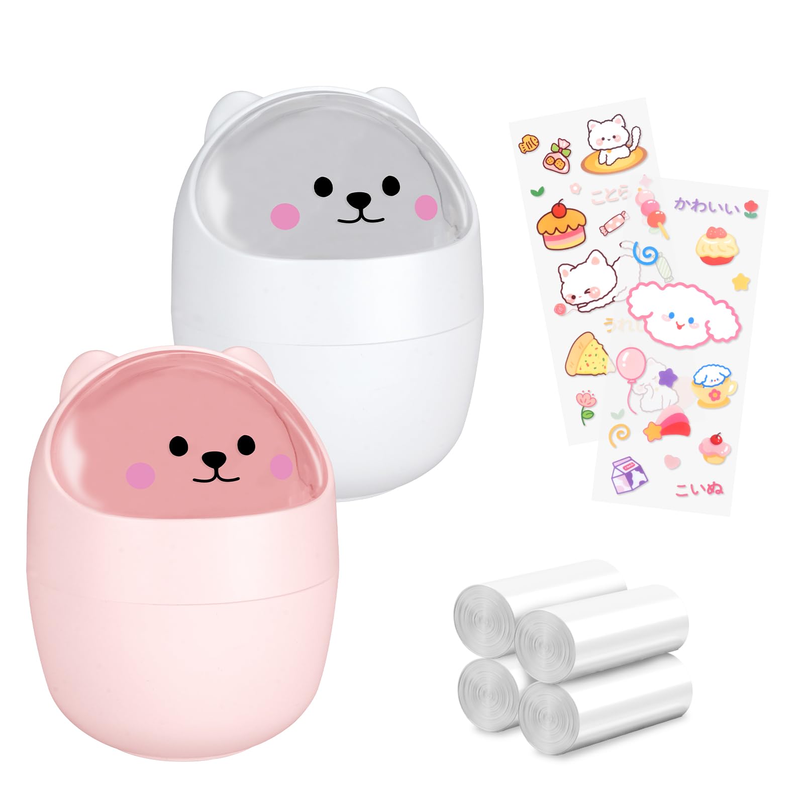 Cute Small Trash Can 2Pcs - Mini Kawaii Cartoon Animal Shaped Garbage Bin with Swing Lid, Includes 4 Garbage Bags & 2 Stickers - Compact Countertop Waste Bin for Kitchen, Office Desk, Bathroom (White-Pink)