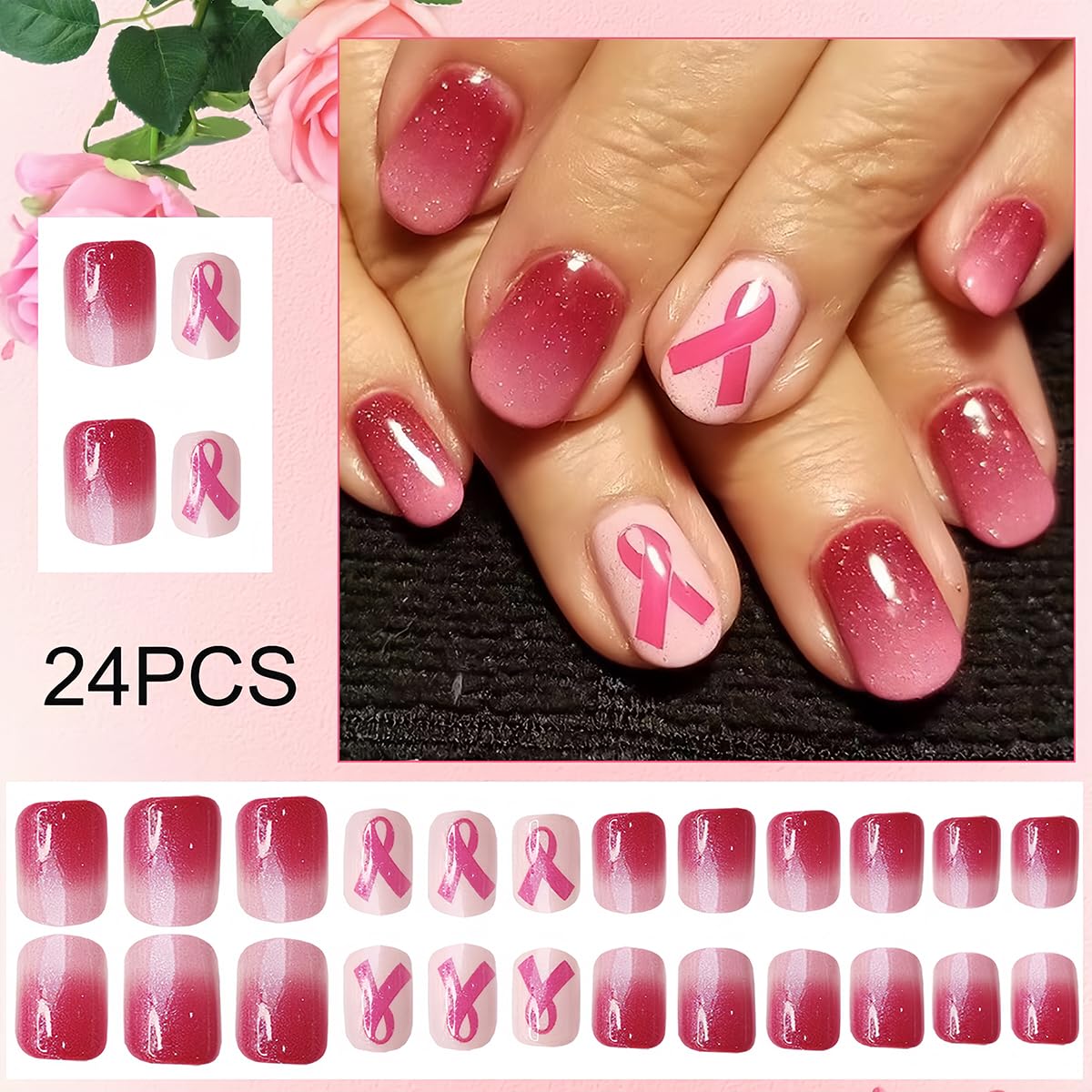 24 Pcs Pink Ribbon Press-On Nails - Short Square Fake Nails with Gradient Design, Breast Cancer Awareness Nail Art Set for Women & Girls | Perfect for Holidays, Fundraisers & Everyday Wear